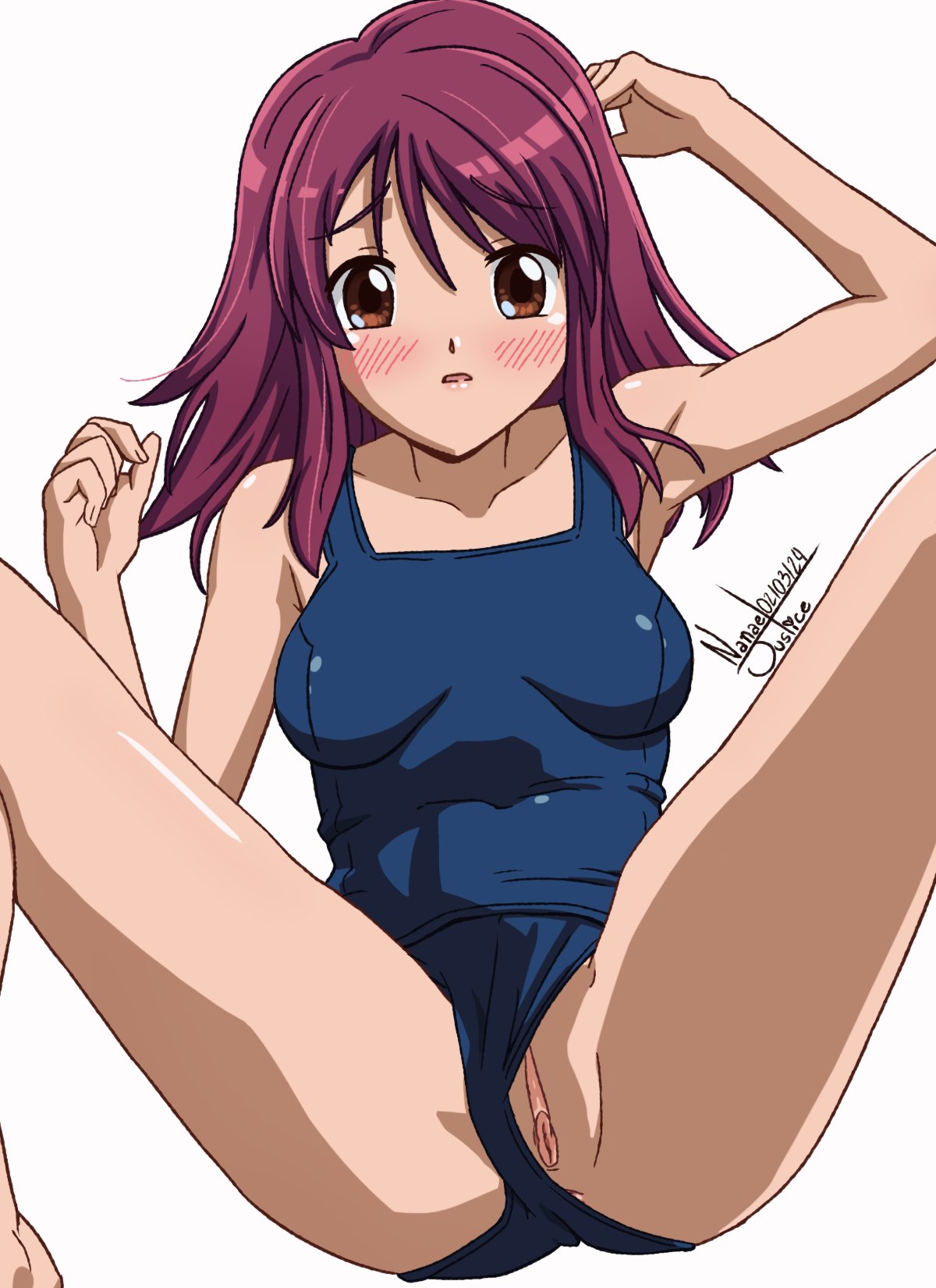 anus anus_peek armpits artist_name ass blush breasts brown_eyes commission dated highres kaleido_star long_hair medium_breasts naegino_sora nanaeljustice navel open_mouth pink_hair pussy school_swimsuit spread_legs swimsuit thighs uncensored white_background