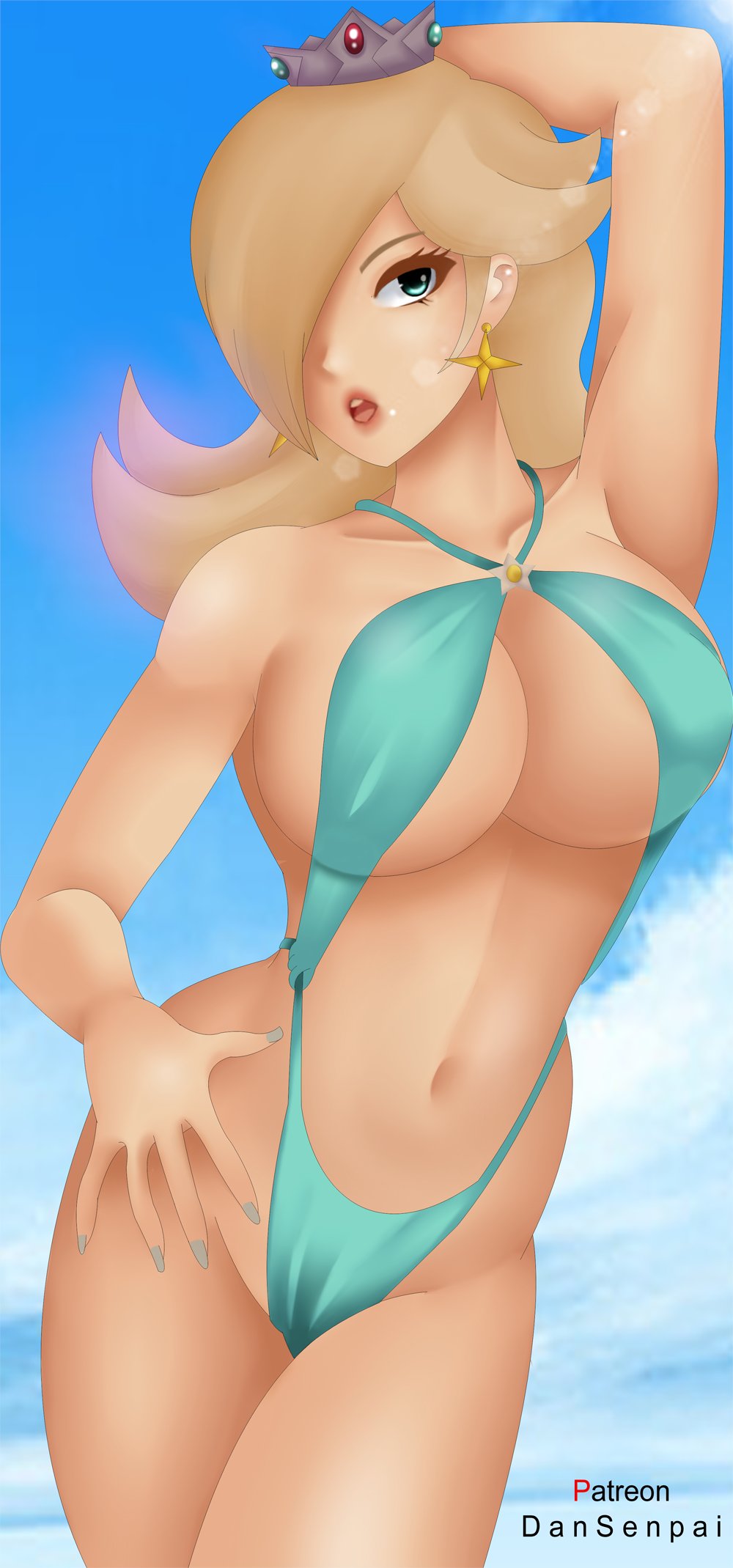 1girls 2024 beach blonde_hair blue_eyes blue_nail_polish blue_nails breasts crown dansenpai ear_piercing earrings female long_hair looking_at_viewer mario_(series) nidavellir nidavellirstudios nintendo one_eye_closed one_eye_covered one_eye_obstructed pale-skinned_female pale_skin princess_rosalina skimpy skimpy_bikini solo summer super_mario_galaxy swimsuit thighs white_skin white_skinned_female yellow_hair