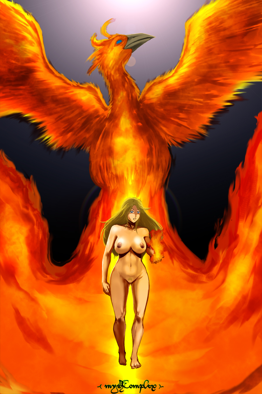 1girls 2011 blue_eyes breasts cassie_(mythcomplex) female female_only fire magic mythcomplex nipples nude perky_breasts phoenix solo