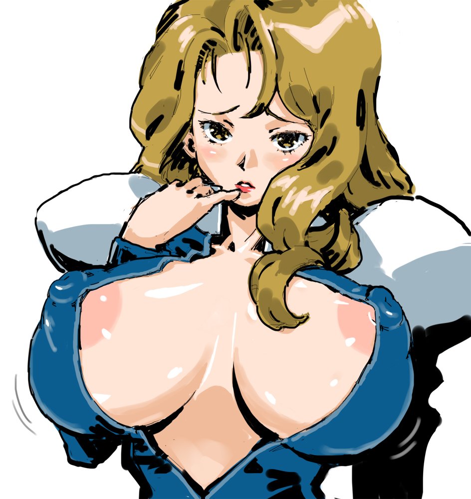 1girls 2018 areola_slip areolae blonde_hair bouncing_breasts breasts cleavage cleavage_cutout clothing female female_only finger_to_mouth highres huge_breasts juliet_sleeves lipstick long_hair looking_at_viewer macross macross_7 matching_hair/eyes nipple_bulge petitdry red_lipstick revealing_clothes rex_(macross_7) seductive simple_background solo teeth tight_clothing wavy_hair white_background yellow_eyes