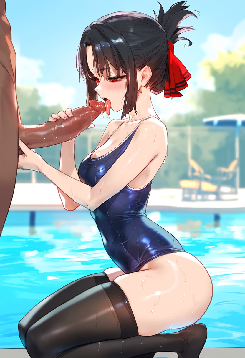 1boy 1girls ai_generated ass big_penis black_hair black_legwear black_thighhighs cock dark-skinned_male fellatio female full_body geosan hair_ornament interracial kaguya-sama_wa_kokurasetai_~tensai-tachi_no_renai_zunousen~ kneeling latex licking licking_penis licking_penis_tip light-skinned_female male male/female male_on_female male_with_female medium_breasts on_knees penis public public_nudity public_sex red_bow red_eyes shinomiya_kaguya swimming_pool swimsuit swimwear thighhighs thighs thighs_together tongue tongue_out water wet