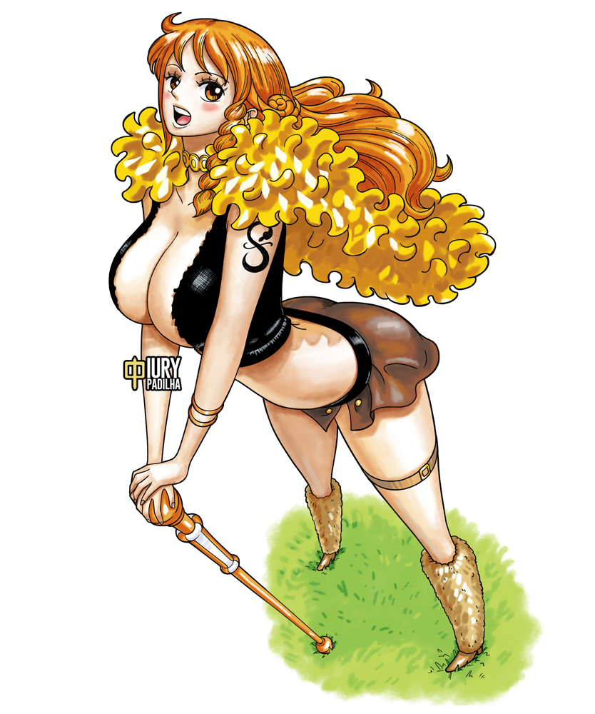 1girls, arm tattoo, black tattoo, boob window, cleavage, clima-tact, female, female only, iury padilha, miniskirt, nami (one piece), one piece, one piece: elbaf arc, open mouth, orange hair, orange-haired female, revealing clothes, short skirt, skimpy clothes, skirt, tattoo