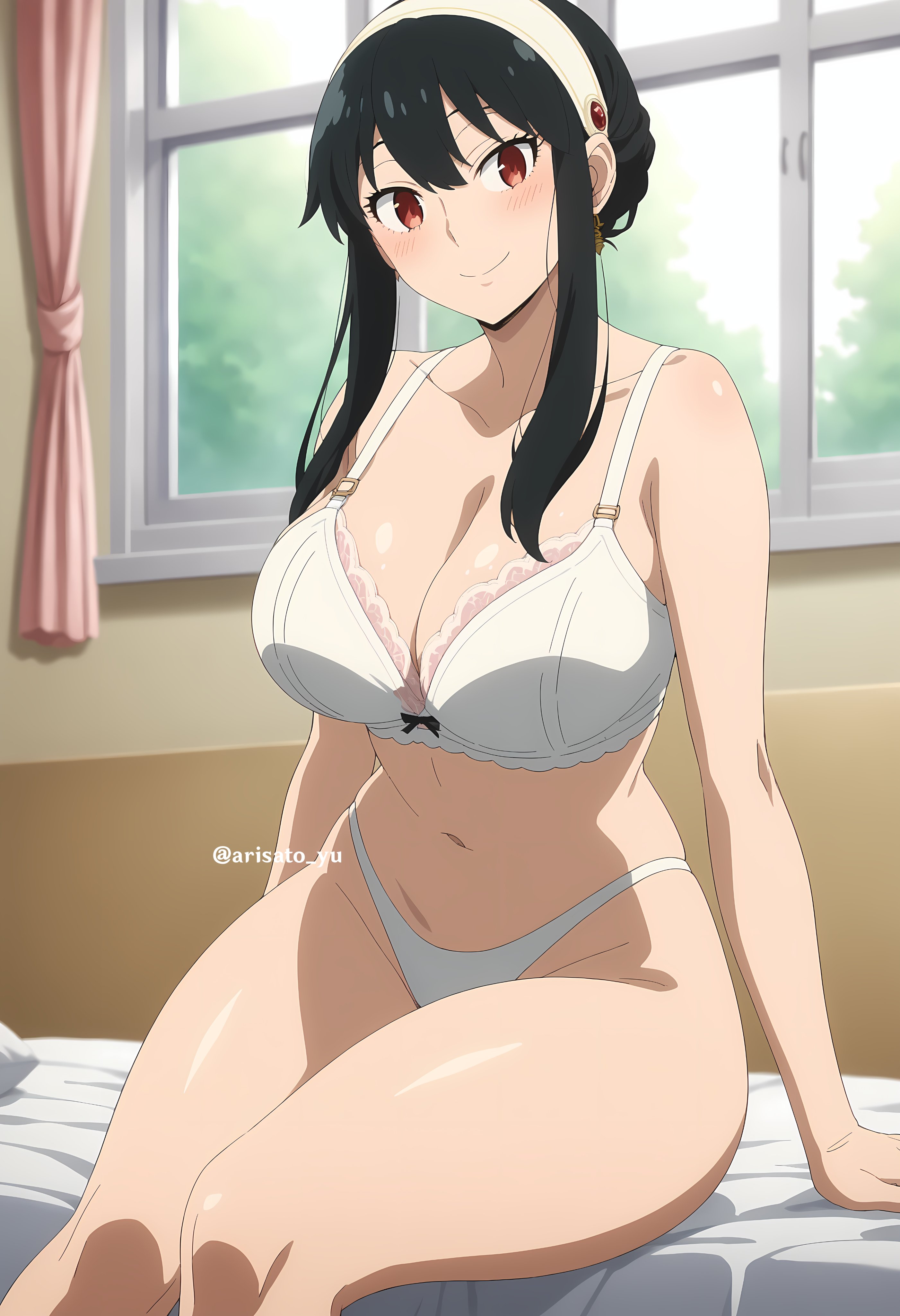 1girls, ai generated, arisato yu, bed, bedroom, big breasts, black hair, breasts, female, female only, lingerie, panties, red eyes, sitting, sitting on bed, solo, solo female, spy x family, thick legs, thighhighs, thighs, underwear, white bra, white panties, white underwear, yor briar, yor forger