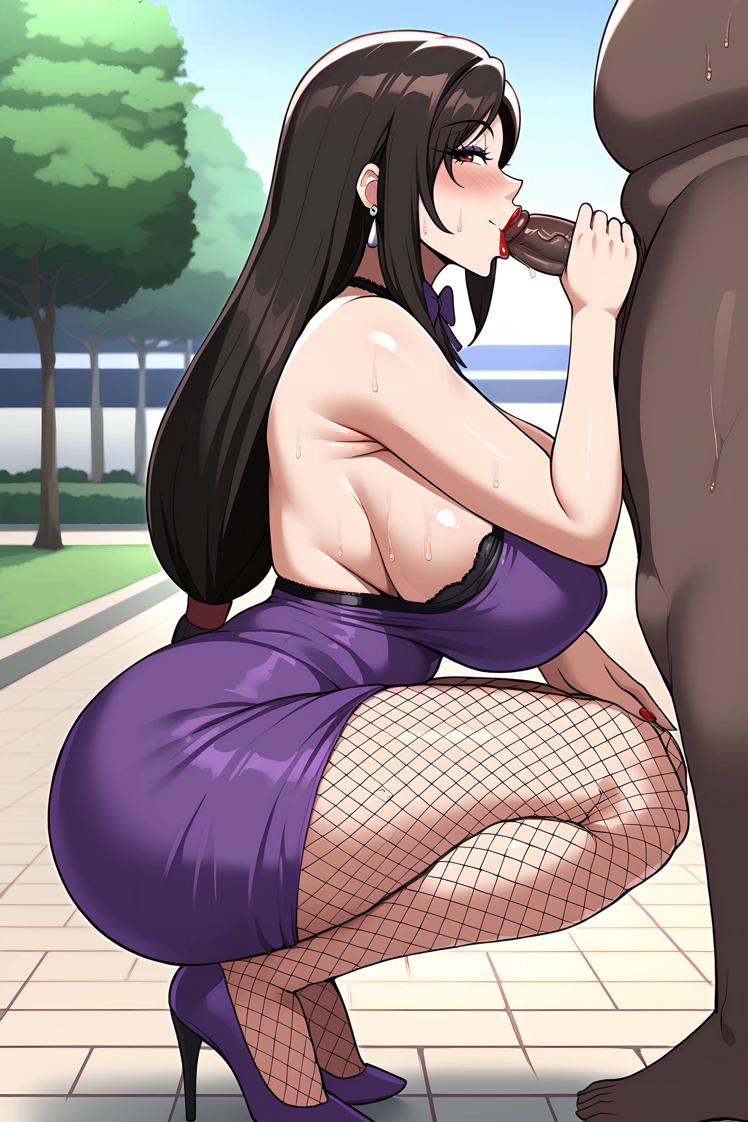 1boy, ai generated, big breasts, blowjob, breasts, cuckold pov, cuckolding, dark skin, dark-skinned male, dress, fat male, fellatio, female, femsub, final fantasy, final fantasy vii, fishnets, grabbing penis, high heels, hourglass figure, male, maledom, mexkwigo, netorare, ntr, obese male, oral, overweight male, penis, red eyes, red lipstick, sideboob, squatting, submissive female, sweat, tifa lockhart, touching penis, ugly bastard, utter domination