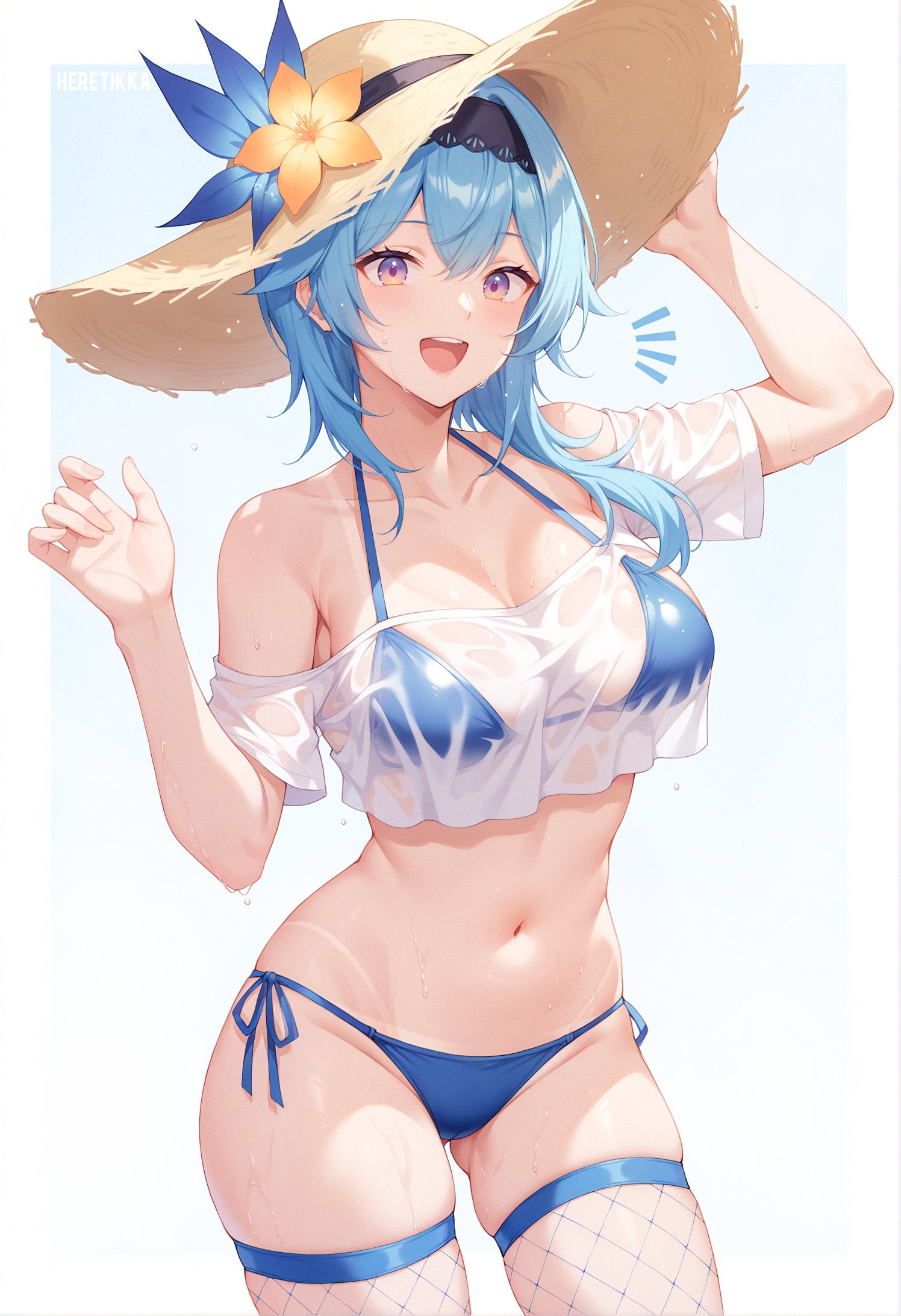 1girls, ai generated, alternate costume, belly button, big breasts, bikini, blue bikini, blue hair, bra, breasts, day, eula (genshin impact), female, female focus, female only, fishnet, fishnet thighhighs, genshin impact, hat, high resolution, highres, hourglass figure, hoyoverse, light skin, light-skinned female, looking at viewer, mature, mature female, mihoyo, open mouth, outdoors, see-through clothing, short hair, smile, smiling, smiling at viewer, solo, solo female, solo focus, standing, stockings, summer, summer hat, swimsuit, thong, thong bikini, two piece swimsuit, wet, wet body, wet shirt