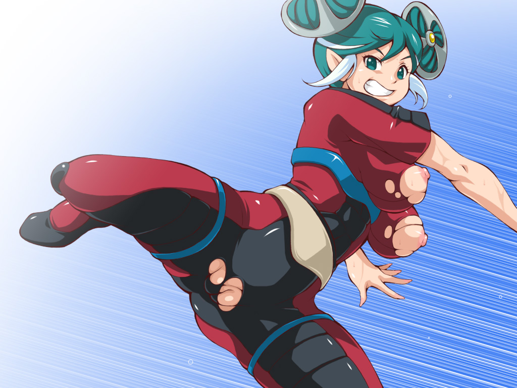 breasts female green_eyes green_hair inazuma_eleven inazuma_eleven_(series) large_breasts sumeragi_maki teeth