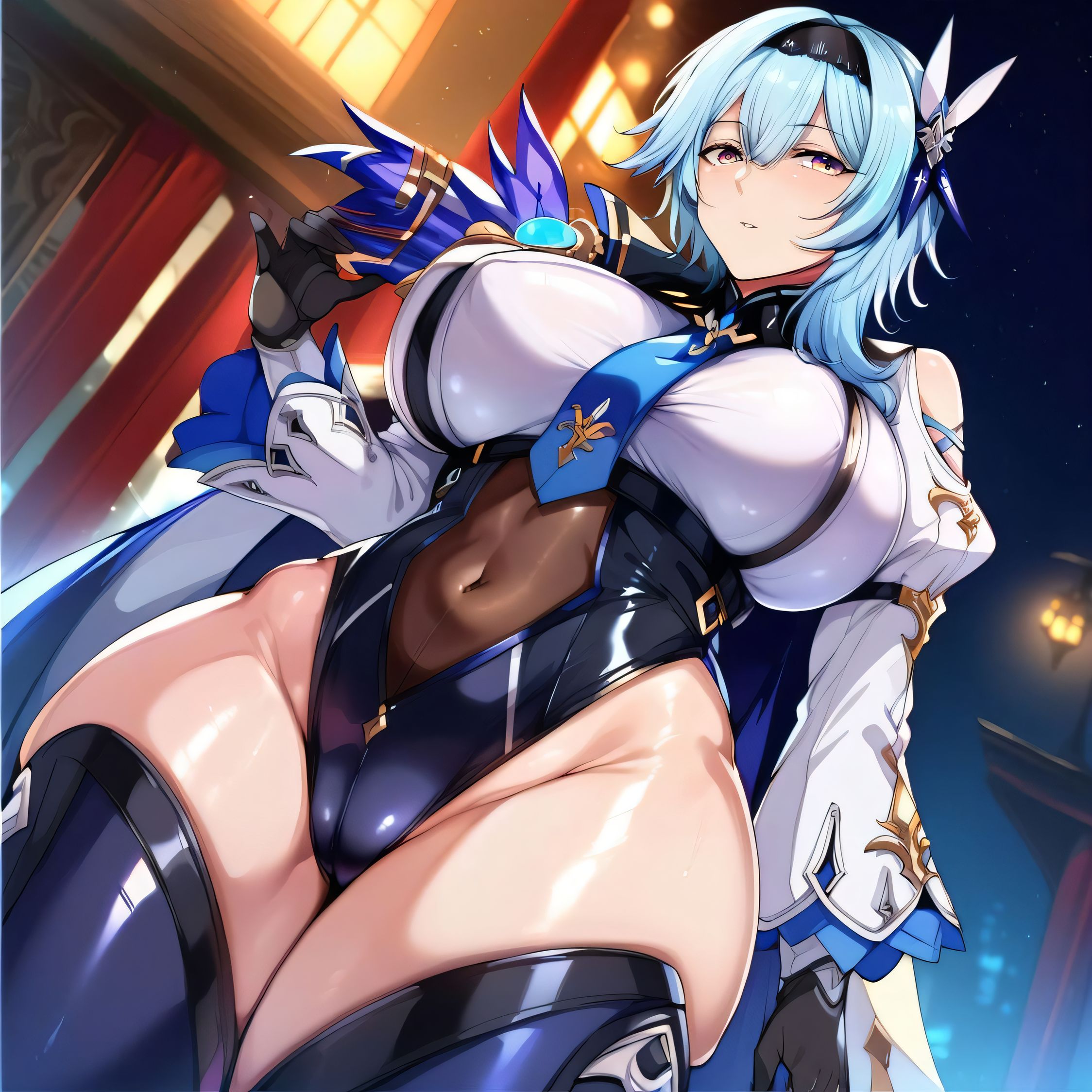 1girls, ai generated, alternate breast size, big breasts, breasts, busty, curvaceous, curvy, curvy body, curvy female, curvy figure, eula (genshin impact), female, genshin impact, huge breasts, large breasts, nipples, sweat, sweating, sweaty, sweaty body, sweaty breasts, thick thighs, thighs, venus body