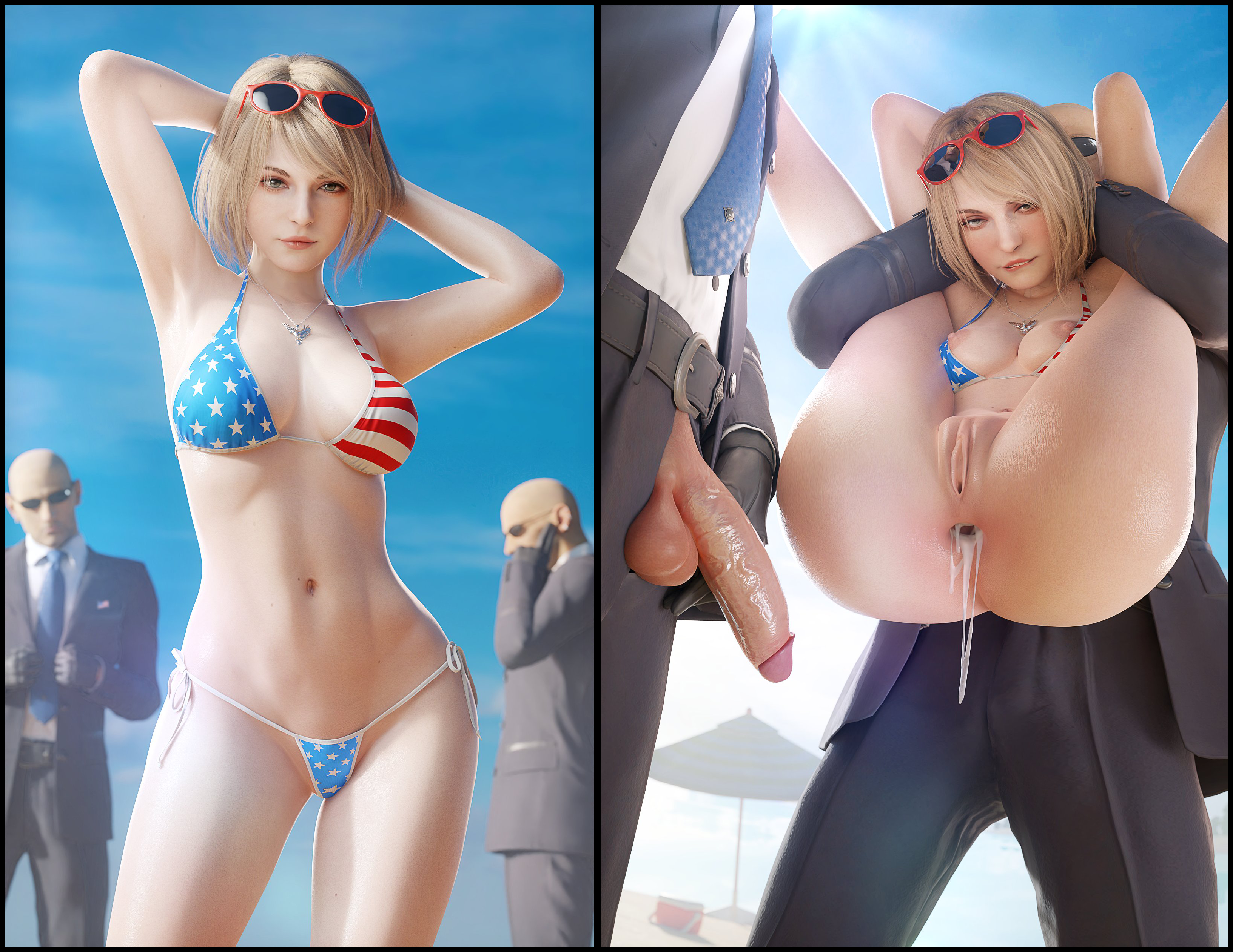 1girls, 2boys, 3d, after anal, after sex, american flag bikini, anus, areolae, armpits, arms behind head, arms up, ashley graham, ashley graham (ella freya), ass, balls, big ass, big penis, bikini, biting lip, blonde hair, blue eyes, breasts, busty, capcom, cleavage, confident, cum, cum in ass, cum inside, eyewear on head, faceless male, female, female focus, fugtrup, full nelson, full nelson (legs held), gaping, gaping anus, hourglass figure, human, instant loss, legs, light skin, light-skinned female, lipbite, looking at viewer, male, medium breasts, national personification, navel, necklace, nipples, penis, penis out, pose, posing, pussy, resident evil, resident evil 4, resident evil 4 remake, secret service, sensual, sexy armpits, short hair, smile, sunglasses, sunglasses on head, testicles, thighs, wide hips