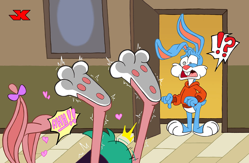 anatid anseriform anthro avian babs_bunny bird blue_body blue_fur buster_bunny clothing dinosaur female fur group hamton_j_pig hoodie jk lagomorph leporid long_ears male mammal ntr rabbit surprised_look tiny_toon_adventures tiny_toons_looniversity topwear trio walk-in warner_brothers