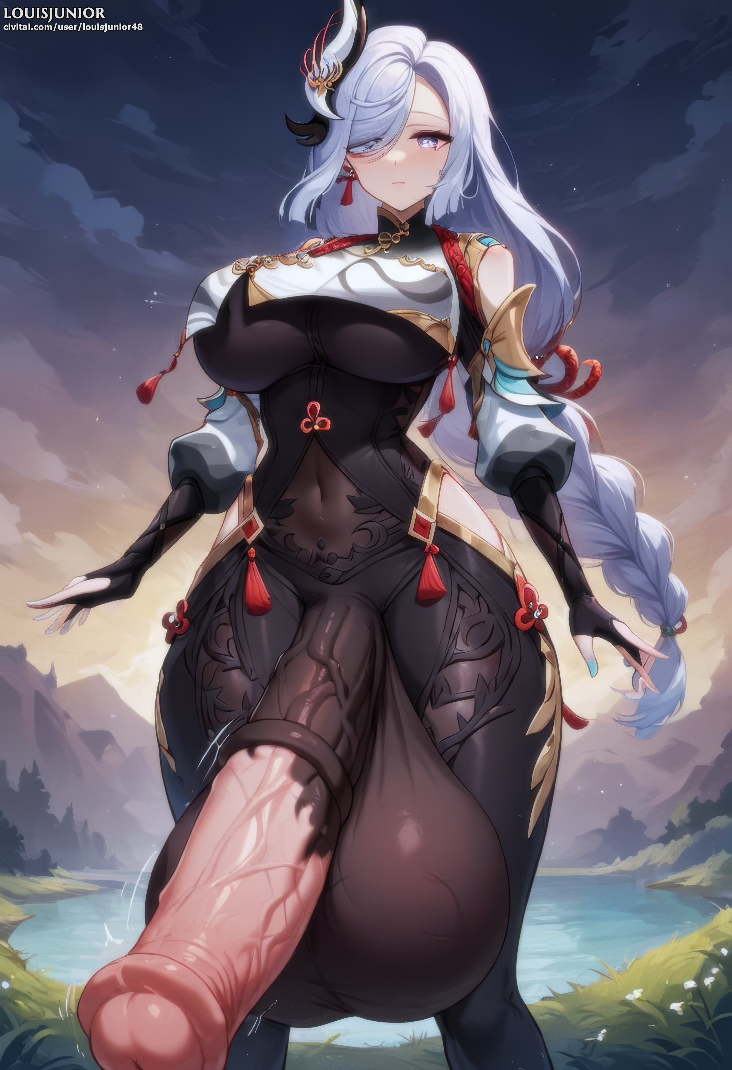 1futa, ai generated, balls, balls bigger than head, big balls, big breasts, big penis, blue eyes, blue hair, breast curtains, breasts, civitai, clothed, clothing, curvy, equine penis, erect penis, erection, field, futa focus, futa only, futanari, genshin impact, gigantic balls, gigantic penis, gigantic testicles, hair ornament, hair over one eye, highres, hips, horsecock, horsecock futa, hoyoverse, huge balls, huge breasts, huge cock, human with animal genitalia, human with horsecock, hyper balls, hyper penis, intersex, lake, light skin, light-skinned futa, long hair, looking at viewer, louisjunior, mihoyo, mostly clothed, motion lines, navel, outdoors, penis, penis out, sagging balls, shenhe (genshin impact), solo, solo focus, solo futa, standing, testicles, thick, thick thighs, thighs, uncensored, upscaled, veiny penis, wide hips