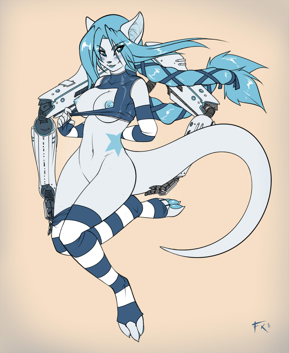 2011 android anthro arm_warmers big_breasts blue blue_hair blue_nipples blue_nose blue_pawpads blush breasts chaosie claws female fluff-kevlar fur furry hair hindpaw long_hair looking_at_viewer markings navel nipples nude paws robotic_arms smile solo stockings striped_stockings tail teeth thighs tied_hair twintails white_fur wide_hips