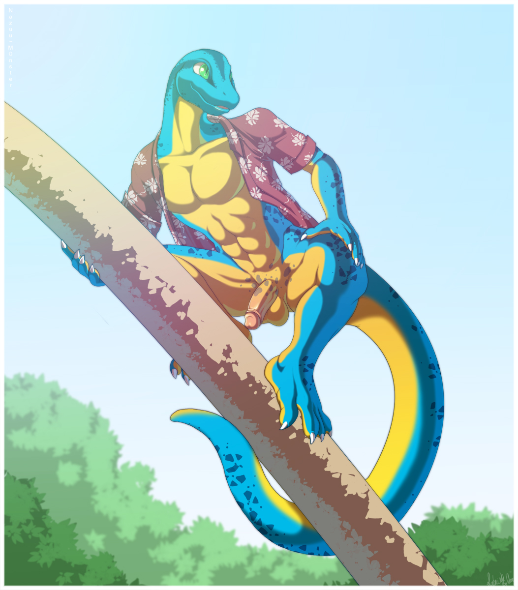 1boy 2011 balls blue claws climbing erection green_eyes hindpaw lizard male male_only muscles nazuu-m0nster nude outside paws penis reptile scalie shirt solo spots spread_legs spreading tail tree wood yellow