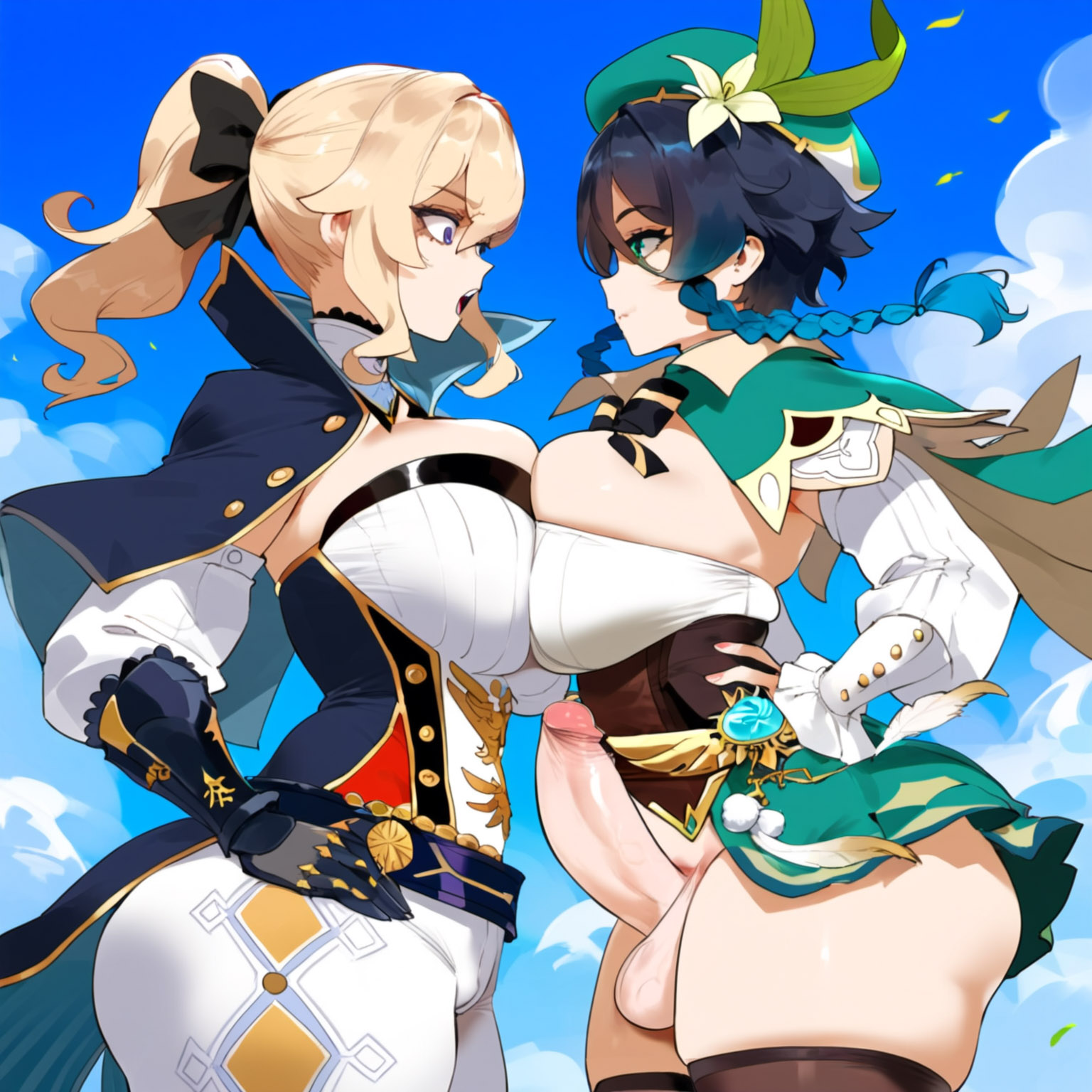 1futa, 1girls, ai generated, black gloves, black legwear, blonde hair, blue eyes, blue sky, breast press, breasts, cape, cloud, day, erection, female, flower, futanari, genderswap, genderswap (mtf), genshin impact, gloves, hand on hip, hands on hips, imminent sex, intersex, jean gunnhildr, large breasts, long hair, looking at another, male, male to futa, open mouth, outdoors, penis, petals, ponytail, racerai, ribbon, rule 63, sky, symbol-shaped pupils, thighhighs, uncensored, venti (genshin impact)