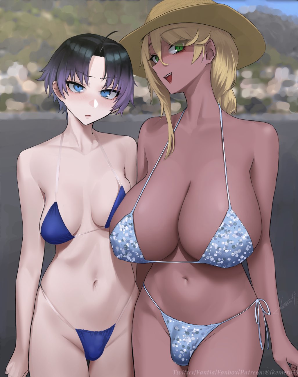 2024, 2futas, bikini, breast size difference, breasts, bulge, clothed, clothing, dark skin, dark-skinned futa, dickgirl, flaccid, fullta, futa only, futanari, gyaru, hat, huge breasts, human, ikemeru19, intersex, large breasts, light skin, light-skinned futa, mostly nude, penis, penis size difference, purple hair, short hair, small penis, standing, thick thighs, wide hips