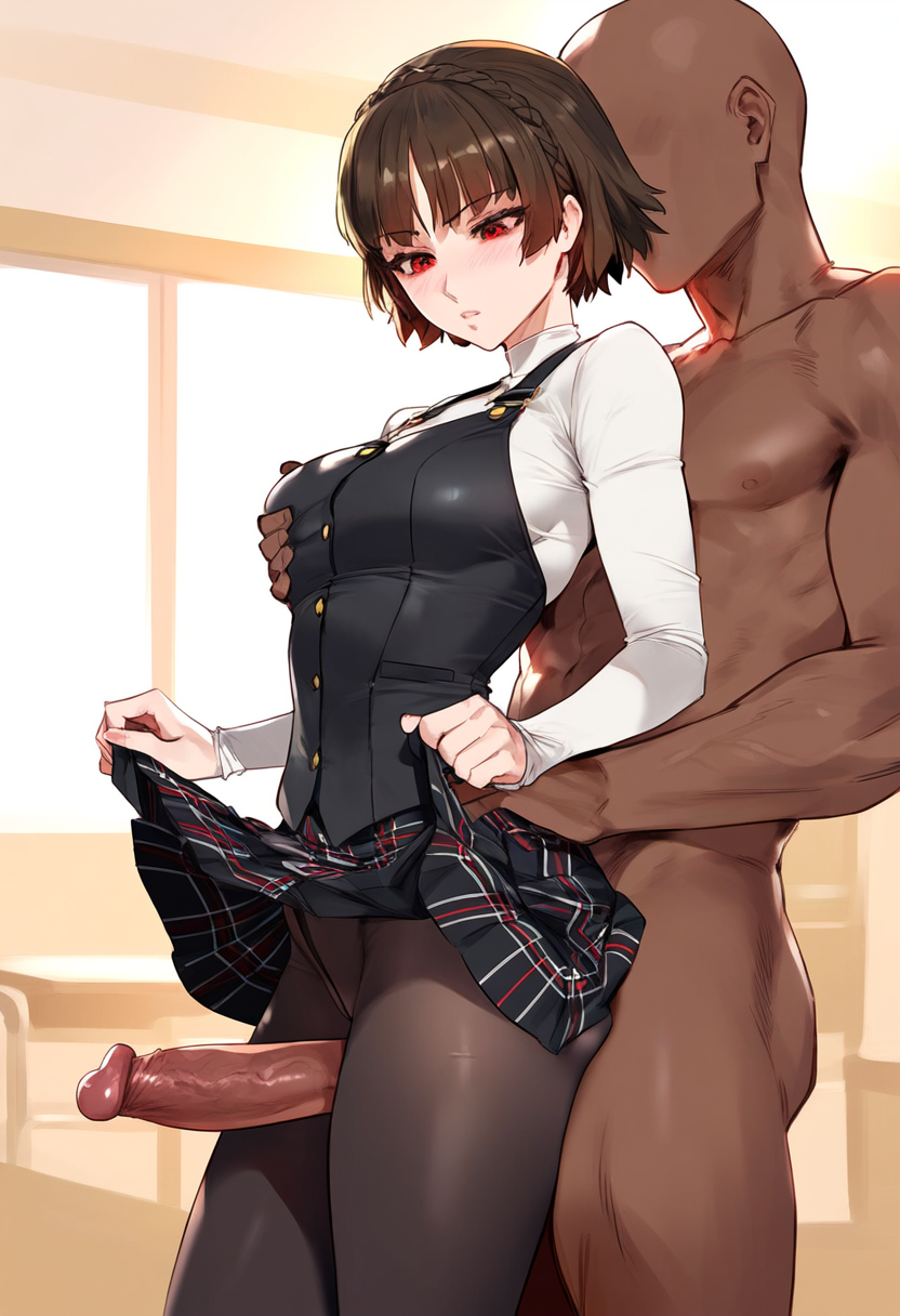ai generated, braid, breasts, brown hair, dark skin, dark-skinned male, female, geosan, interracial, light skin, light-skinned female, makoto niijima, male, medium breasts, persona, persona 5, red eyes