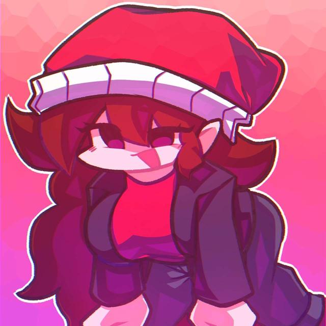 1girls, auburn hair, bennie, bent over, big breasts, black jacket, breasts, cute, eyelashes, female, female only, friday night funkin, girlfriend (friday night funkin), hanging breasts, hypnos lullaby, jacket, lullaby girlfriend (fnf), monkie, red bennie, red shirt, smiling, solo