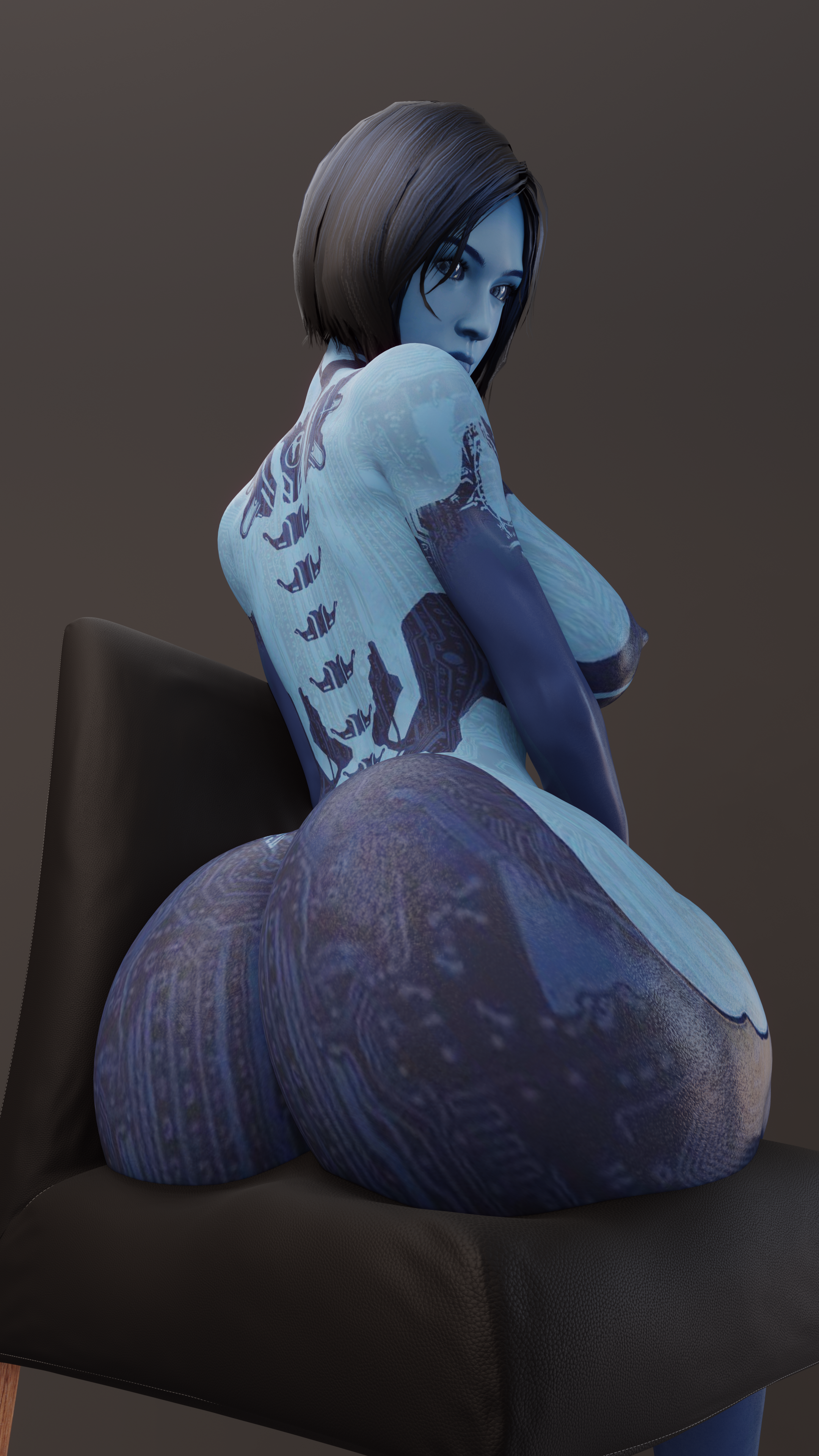 3d, 3d (artwork), 4k, ass, ass focus, big ass, big breasts, big butt, blender, blender (software), blue body, blue hair, blue skin, bob cut, breasts, busty, chair, cortana, cpt-flapjack, female, halo (series), high resolution, highres, huge ass, lieutenant flapjack, looking at viewer, looking back, looking back at viewer, low-angle view, simple background, sitting on chair, video games