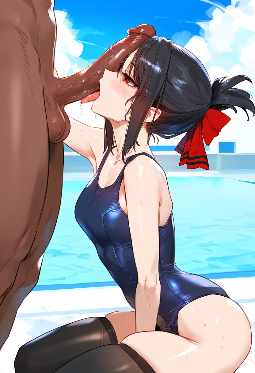 1boy 1female 1girls 1male ai_generated ass big_penis black_hair black_legwear black_thighhighs cock cock_worship dark-skinned_male female geosan hair_ornament interracial kaguya-sama_wa_kokurasetai_~tensai-tachi_no_renai_zunousen~ latex licking licking_penis light-skinned_female male male/female male_on_female male_with_female medium_breasts penis public public_nudity public_sex red_bow red_eyes shinomiya_kaguya swimming_pool swimsuit swimwear thighhighs thighs tongue tongue_job tongue_out tongue_out_blowjob