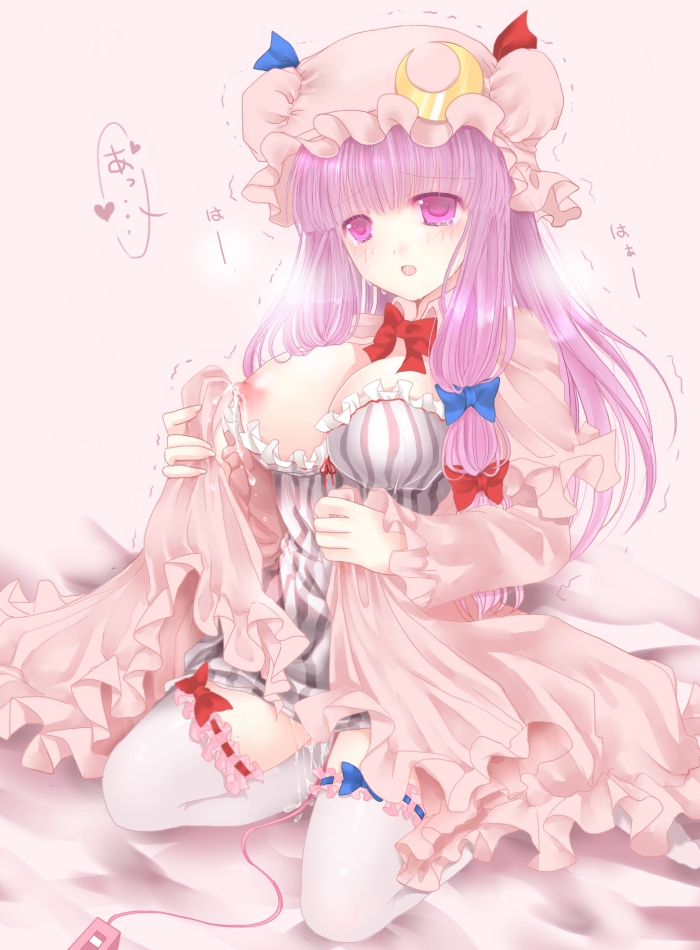 blush bow breasts crescent crescent_moon female female_only hairbow hat heart human lactation large_breasts long_hair masturbation moon nipples one_breast_out open_mouth patchouli_knowledge purple_eyes purple_hair pussy_juice rara419 seiza sitting solo spoken_heart tear thighhighs touhou trembling vibrator white_legwear