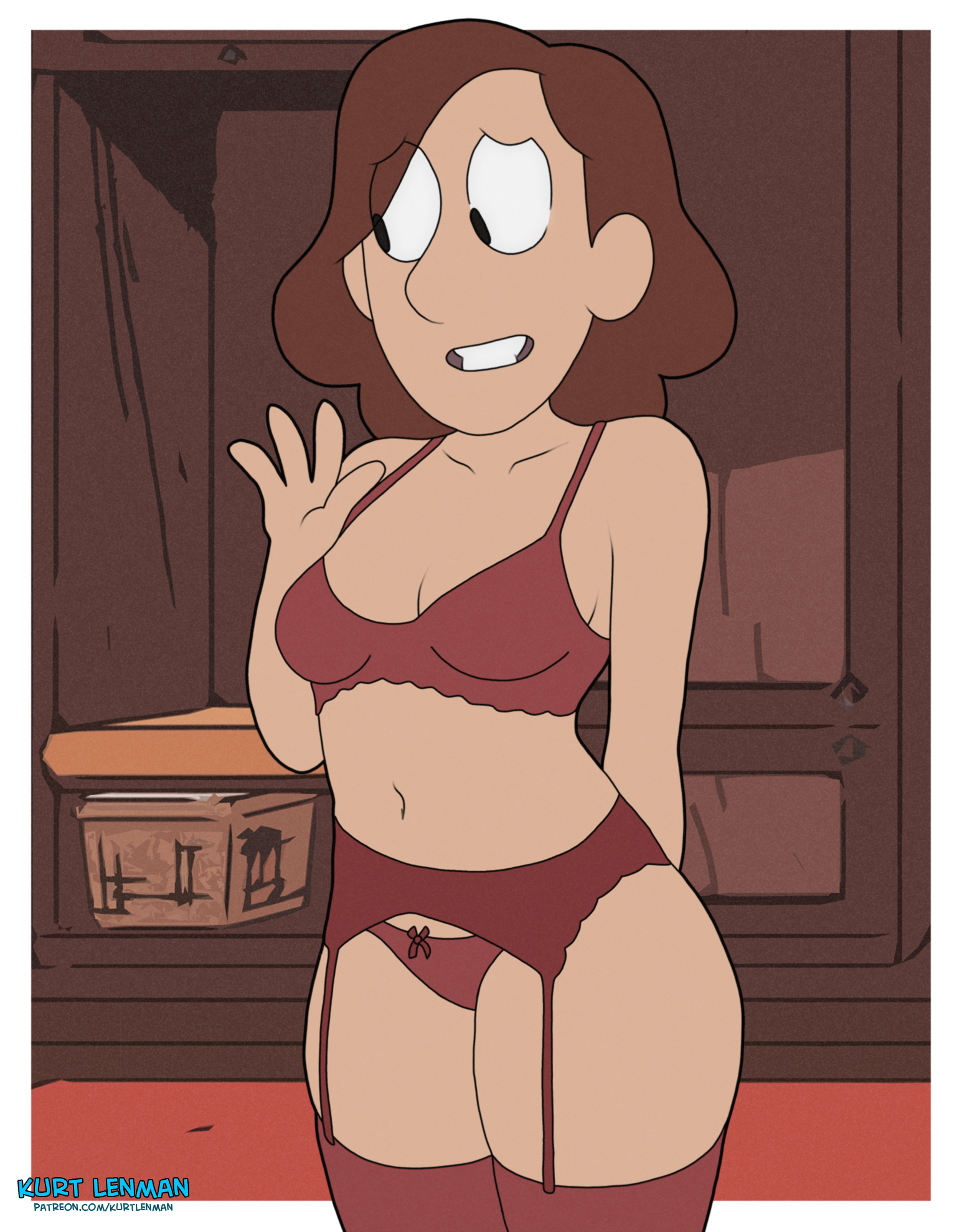 ass, big ass, big breasts, black eyes, bra, breasts, brown hair, embarrassed, female, hilda (series), johanna (hilda), kurt lenman, legwear, light skin, light-skinned female, lingerie, looking away, milf, navel, panties, red bra, red legwear, red lingerie, red panties, red underwear, short hair, underwear, white background, wide hips