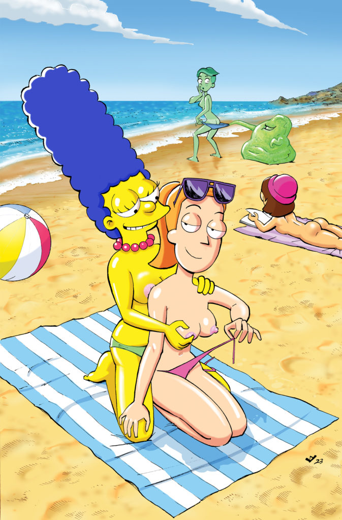 crossover d'vana_tendi deathraygraphics family_guy female_only fondling fondling_breast marge_simpson meg_griffin rick_and_morty star_trek star_trek_lower_decks summer_smith sunbathing swimsuit_pull tagme tanline the_simpsons topless yellow_body yuri