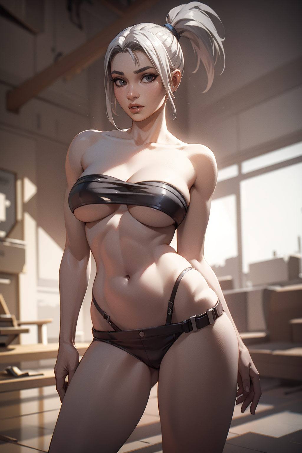 1girls ai_generated bra breasts female female_only jett_(valorant) kirill782 looking_at_viewer navel panties ponytail riot_games solo solo_female stable_diffusion standing strapless underboob valorant white_hair