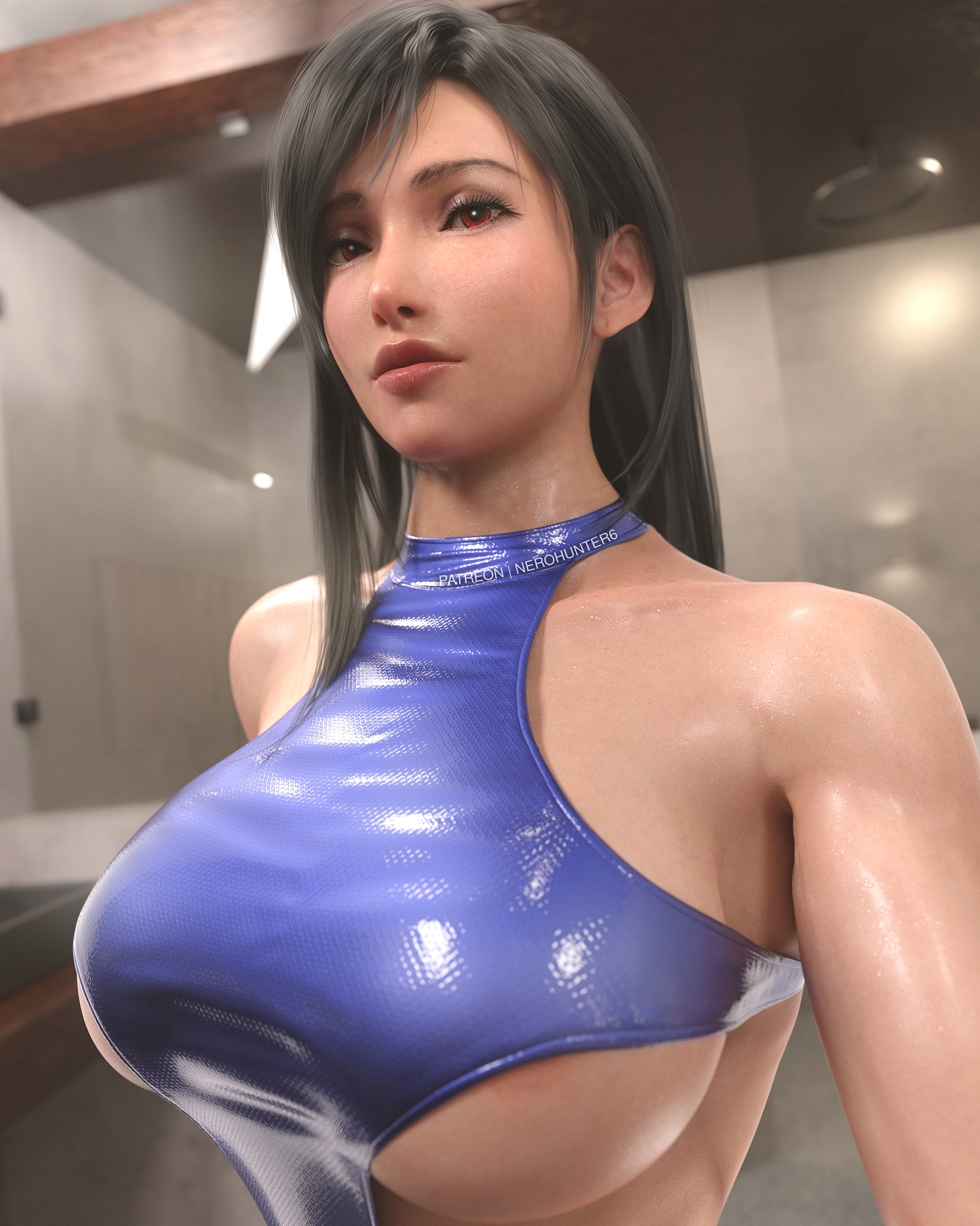 1girls, 3d, abs, absurdres, ass, big ass, big breasts, black hair, black nail polish, black nails, bra, breasts, earrings, eye fetish, female, female only, final fantasy, final fantasy vii, final fantasy vii remake, fit, fit female, hard nipples, highres, huge breasts, lingerie, long hair, nail polish, nerohunter6, one piece swimsuit, realistic, red eyes, selfie, shiny clothes, solo, solo female, square enix, swimsuit, swimwear, thick thighs, tifa lockhart, toned, toned female, voluptuous