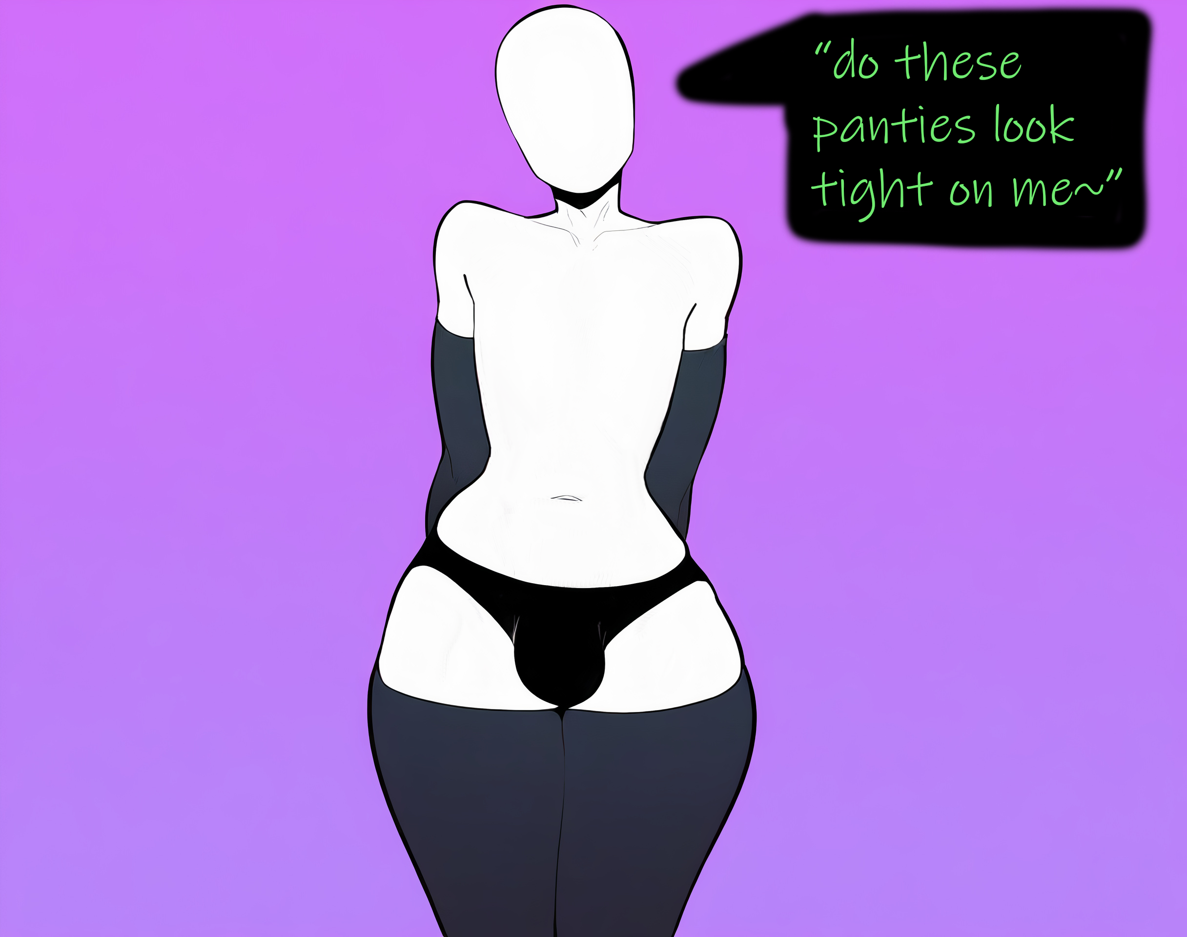 1boy, ai generated, armwear, black panties, bulge, creepypasta, dialogue, femboy, feminine male, humanoid, leggings, male, male only, nai diffusion, penis, pink background, slenderman, stable diffusion, text, text box, thick thighs, tight clothing, tight fit, white skin, whoram, wide hips