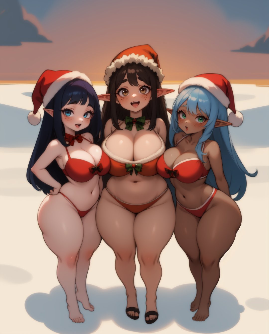 :o, 3girls, ai generated, barefoot, big breasts, black hair, blue eyes, blue hair, breasts, brown eyes, brown hair, christmas, christmas outfit, cleavage, curvy, dark skin, dark-skinned female, elf, elf ears, elf female, female, female only, freckles, green eyes, holidays, hourglass figure, huge breasts, looking at viewer, navel, open mouth, original, pointy ears, rocksolidart, santa hat, shortstack, thick thighs, voluptuous, wide hips