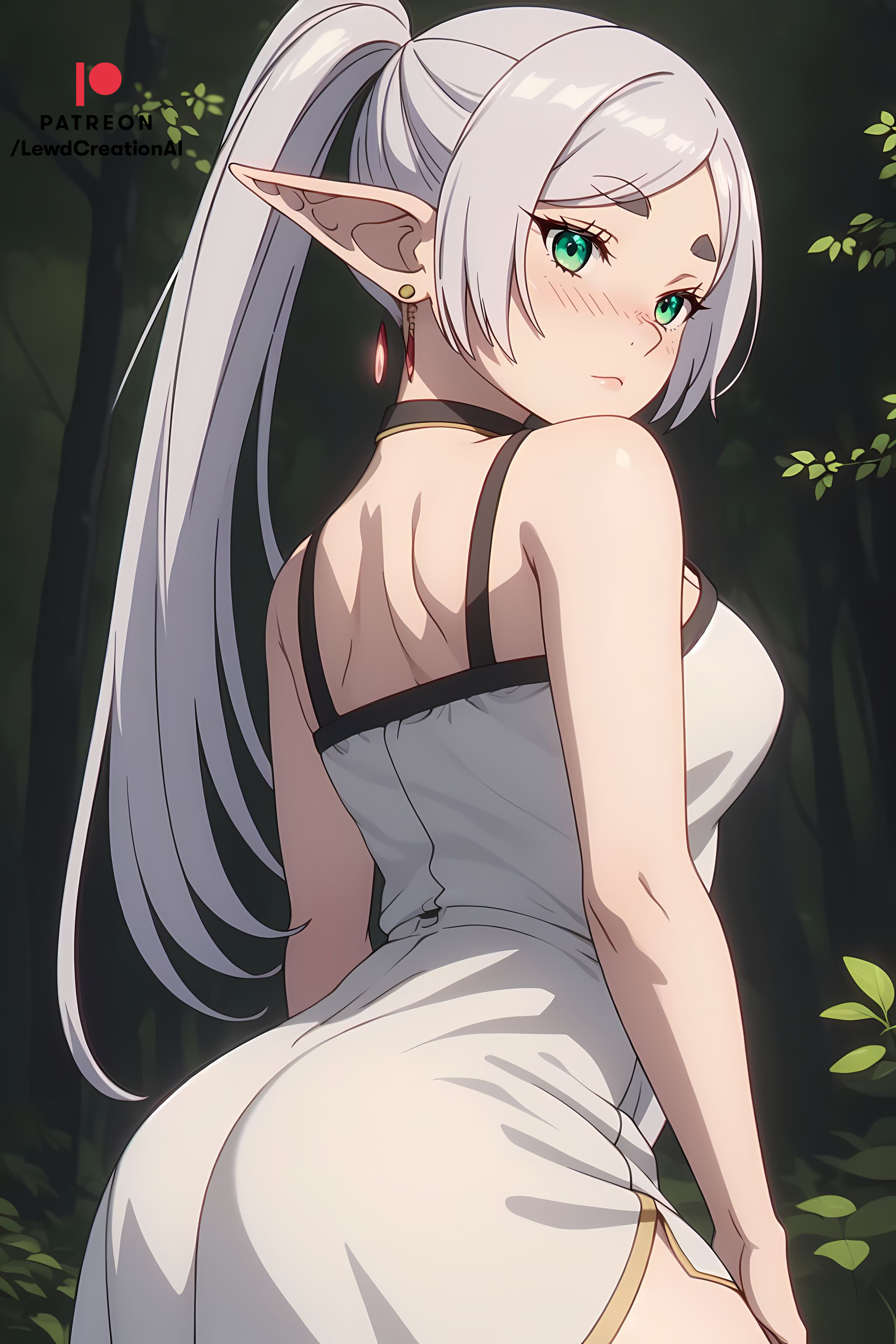 1girls, ai generated, back, blush, blush lines, blushing at viewer, breasts, curvaceous, curvy, elf, elf ears, elf female, elf girl, female, frieren, from behind, lewdcreationsai, light skin, light-skinned female, looking at viewer, looking back, pale skin, pale-skinned female, sousou no frieren, thighs, white dress, white hair