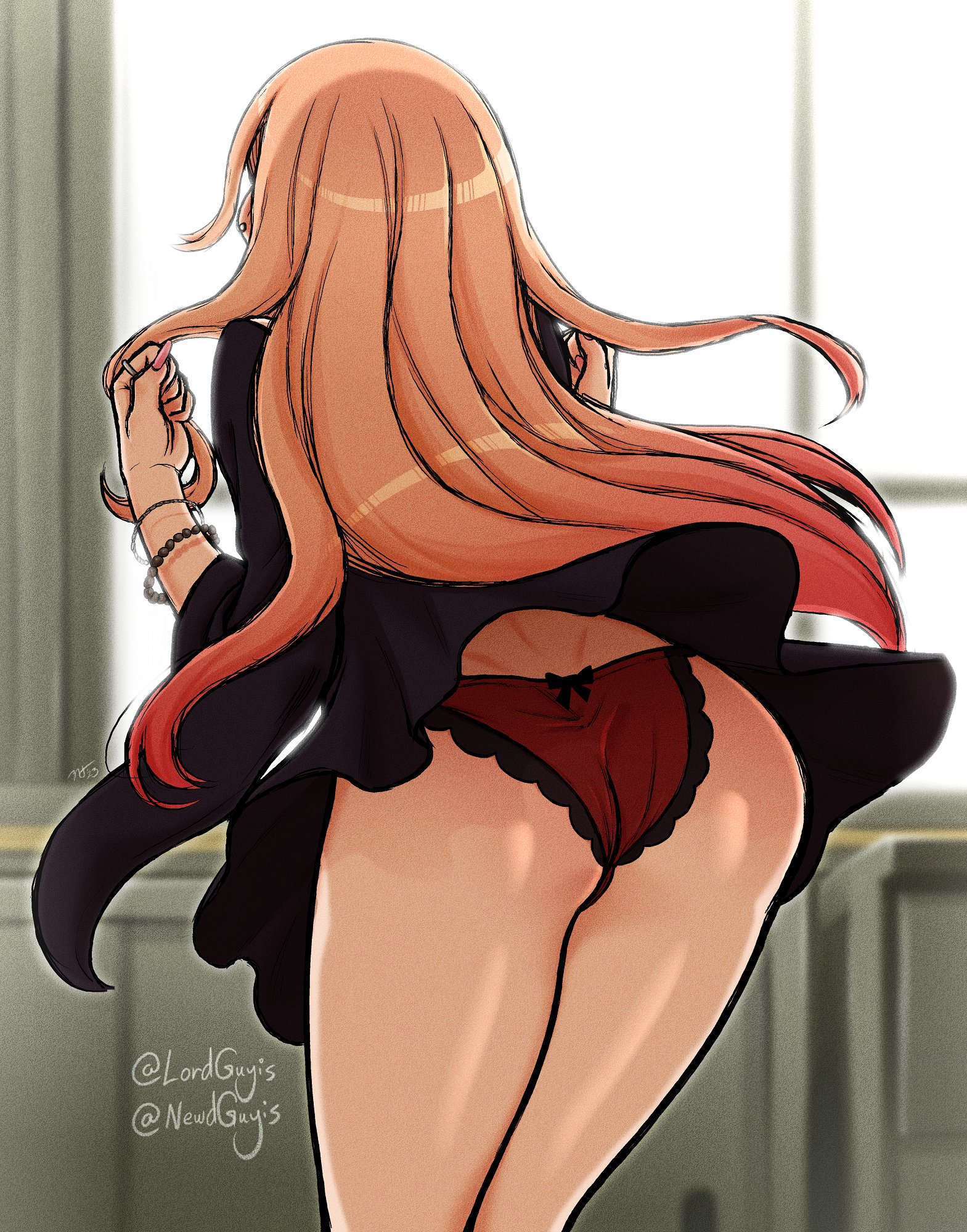 ass, ass focus, blonde hair, dress, female, fingernails, from behind, gyaru, highres, kitagawa marin, long fingernails, long hair, long sleeves, lordguyis, multicolored hair, nail polish, panties, pantyshot, pink fingernail polish, pink nail polish, red panties, solo, sono bisque doll wa koi wo suru, thighs, underwear, upskirt