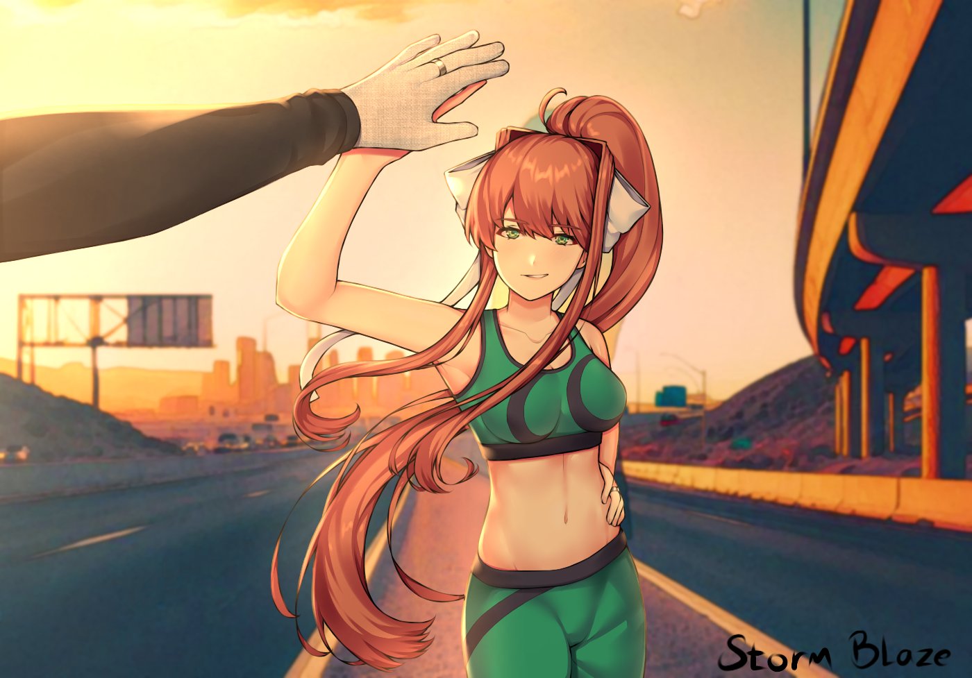 1female 1girls 5_fingers bare_shoulders breasts clothed clothes clothing doki_doki_literature_club female girl green_eyes hand_on_hip high_five long_hair looking_at_viewer monika_(doki_doki_literature_club) navel not_porn ring safe safe_for_work sfw smile storm_blaze stormblaze76 workout_clothes workout_clothing