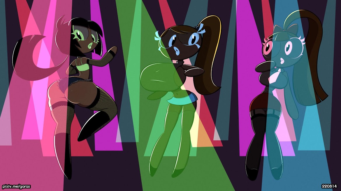 3girls, aged up, ass, ass size difference, ass vs breasts, ass window, big ass, big breasts, bimbofication, black hair, blacklight, blonde hair, blossom (powerpuff girls), blue eyes, blue lipstick, bottom heavy, breast size difference, breastless, breasts, bubble ass, bubble butt, bubbles (powerpuff girls), buttercup (powerpuff girls), clothed, female, female only, garabatoz, giant breasts, ginger hair, green eyes, green lipstick, hourglass figure, huge breasts, light skin, light-skinned female, long hair, multiple females, multiple girls, neon lights, night club, no bra, no underwear, pink eyes, pink lipstick, ponytail, ponytails, powerpuff girls, rave, short shorts, sideass, sideboob, sisters, skirt, stockings, top heavy, underass