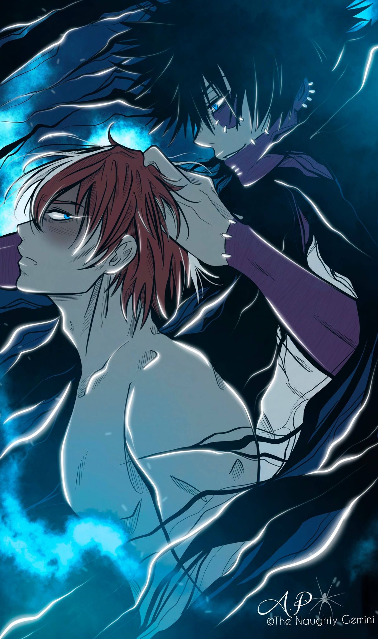 2boys big_brother blue_eyes blue_fire brother brothers dabi hair_grab incest little_brother male male/male male_only maledom malesub my_hero_academia red_hair scar shirtless shouto_todoroki the_naughty_gemini todoroki_shouto todoroki_touya touya_todoroki yaoi