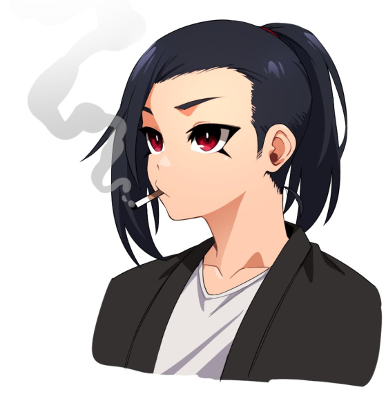 ain(in) black_hair bust_portrait casual casual_clothes femboy in_(ain) male_focus male_only mascara ponytail red_eyes self_insert smoking smoking_cigarette solo tied_hair