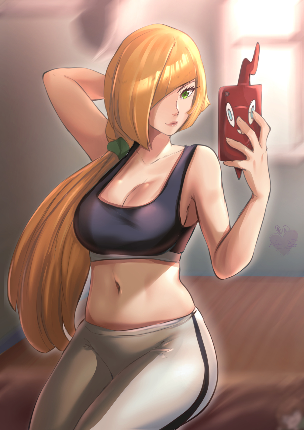 1girls big_breasts blonde_hair bottomwear breasts cleavage clothing female female_only game_freak green_eyes hair hair_over_one_eye hand_behind_head lips long_hair lusamine_(pokemon) mature mature_female mature_woman milf mother pants phone pokemon pokemon_sm ponytail rinku_bny selfie solo solo_female sports_bra sportswear thighs topwear white_pants