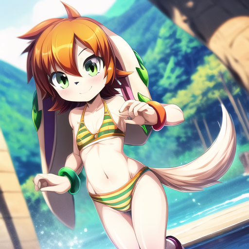 ai_generated anthro bikini canine female female_protagonist freedom_planet freedom_planet_2 furry furry_female galaxytrail green_eyes looking_at_viewer milla_basset nature orange_hair suflerka