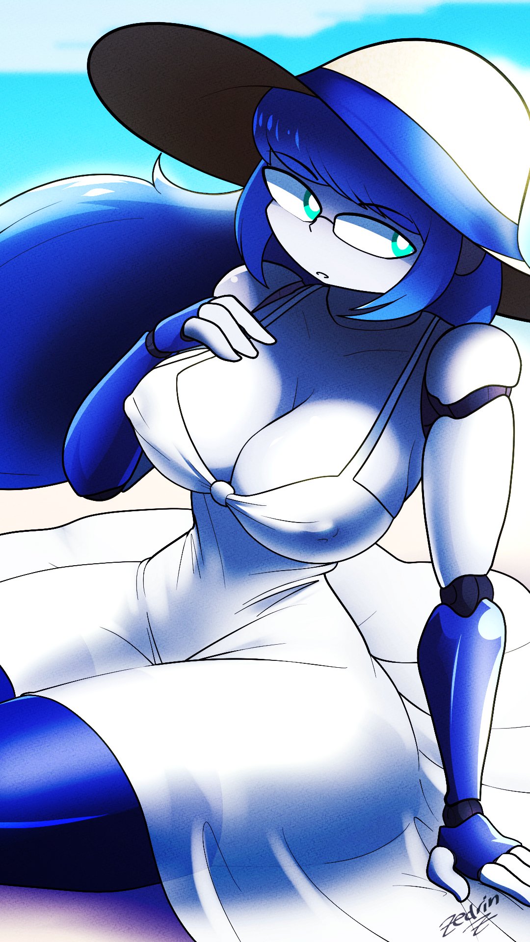 beach big_breasts blue_body blue_eyes blue_hair breasts cleavage clothed clothing dress eyewear female glasses hair hand_on_breast hat headgear headwear hi_res humanoid long_hair looking_aside machine multicolored_body nipple_outline not_furry relay_(zedrin) robot robot_humanoid sand seaside signature sitting solo sun_hat text thick_thighs white_body zedrin