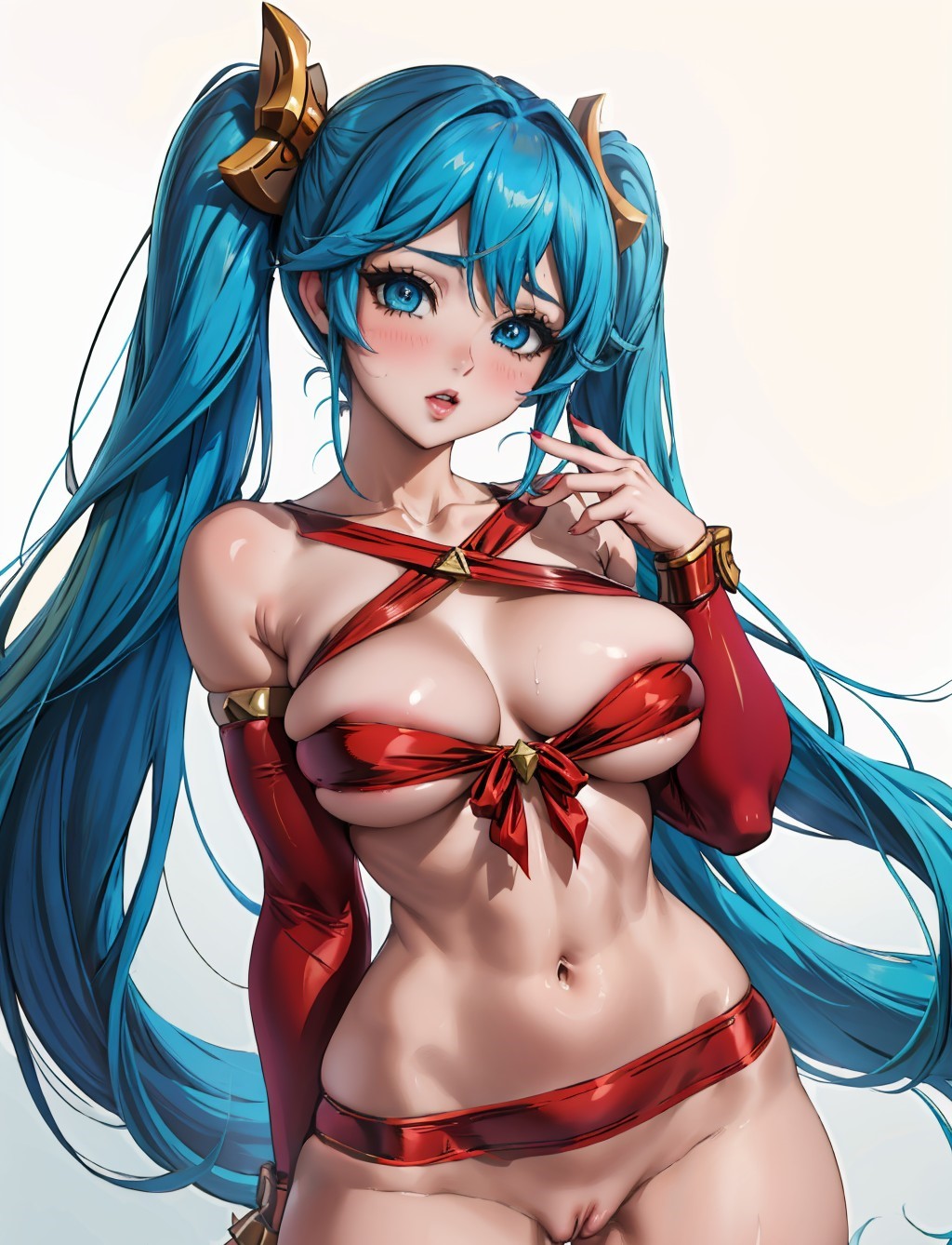 1girls, ai generated, big breasts, blue eyes, blue hair, bottomless, breasts, christmas, female, female only, gift, large breasts, league of legends, lux paladin, naked, nude, pussy, red nails, ribbon, ribbon bondage, ribbons, riot games, simple background, sona buvelle, thick thighs, twintails, white background