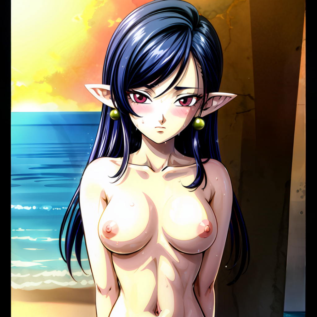 ai_generated blue_hair dragon_ball dragon_ball_heroes earrings exhibitionism hentai_world nipples pointy_ears red_eyes robelu_(dragon_ball) sea seaside topless