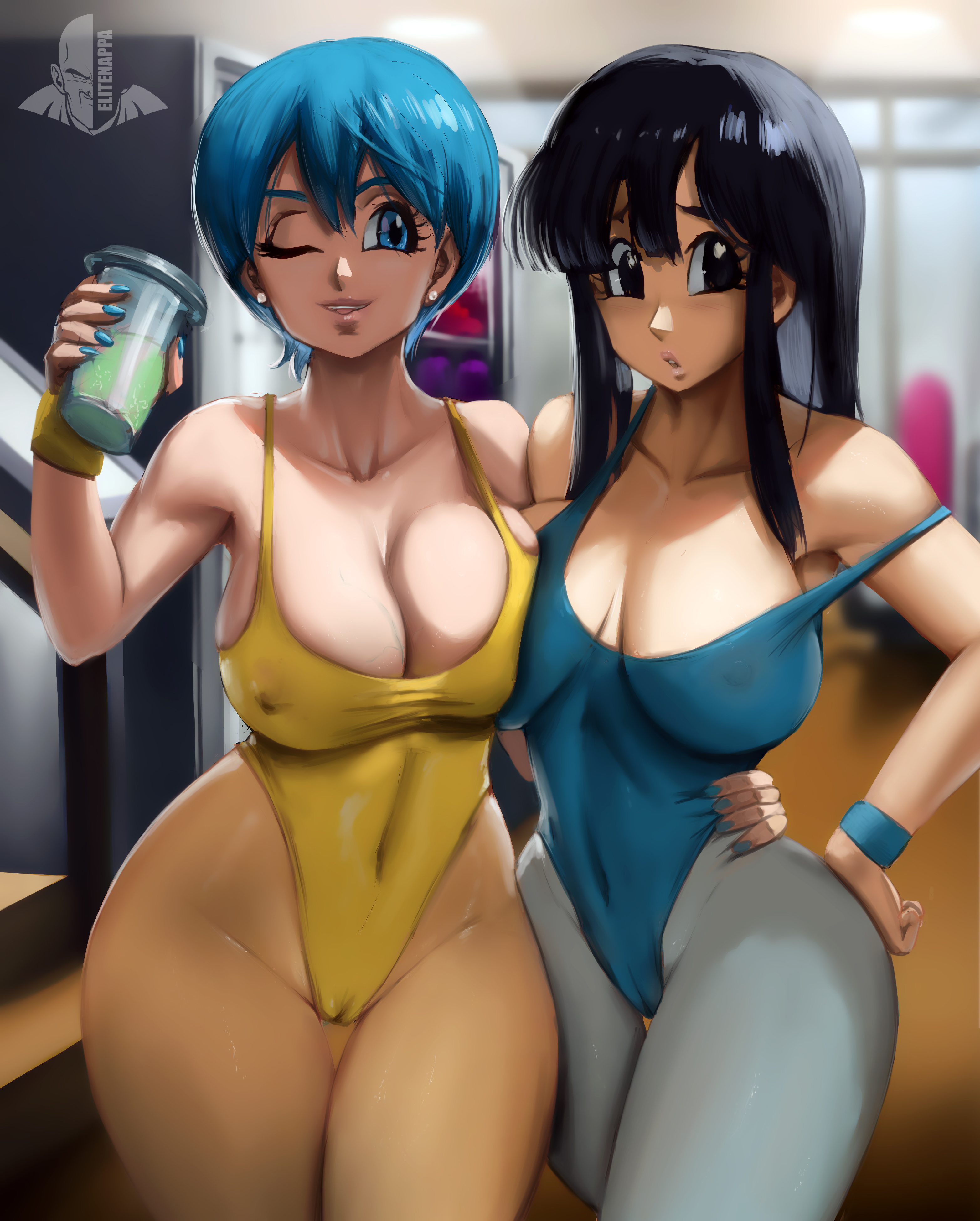 2girls, arm around waist, big breasts, black hair, blue eyes, blue hair, breasts, bulma briefs, chichi, cleavage, clothing, dragon ball, dragon ball z, ear piercing, elitenappa, female, female only, indoors, leotard, milf, mother, nipple bulge, no bra, painted nails, piercing, thick thighs, wide hips