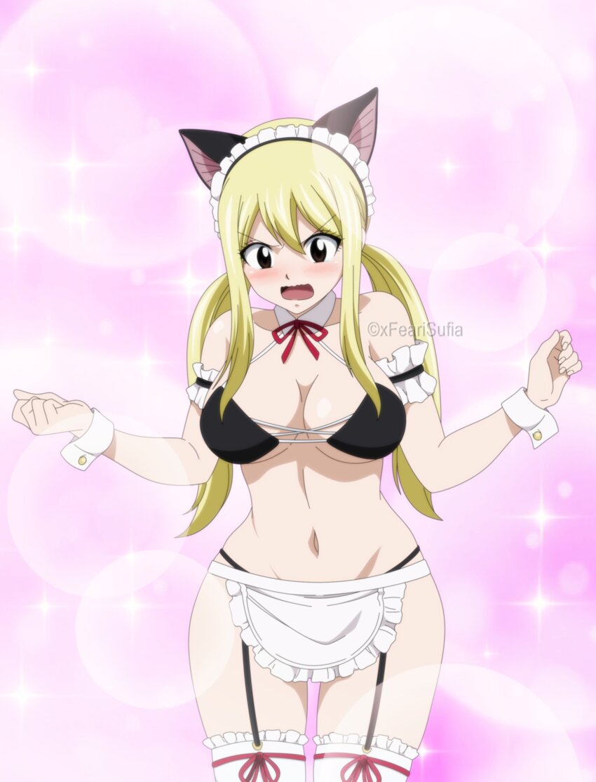 absurdres animal_ears annoyed apron armband artist_name bare_shoulders bikini black_bikini black_garter_straps blonde_hair blush breasts brown_eyes cat_ears cleavage collarbone colorized cowboy_shot detached_collar embarrassed fairy_tail fake_animal_ears female frilled_apron frilled_bikini frills frown garter_straps groin hair_between_eyes halterneck highres large_breasts linea_alba lipstick long_hair looking_down lucy_heartfilia maid maid_bikini maid_headdress makeup mashima_hiro multicolored_background navel open_mouth sidelocks solo sparkle stomach swimsuit thick_thighs thighhighs thighs twintails unconventional_maid w_arms white_apron white_thighhighs wide_hips wrist_cuffs xfearisufia