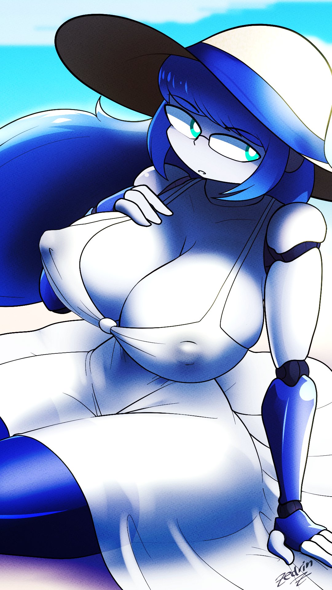 beach big_breasts blue_body blue_eyes blue_hair breasts cleavage clothed clothing dress eyewear female glasses hair hand_on_breast hat headgear headwear hi_res huge_breasts humanoid long_hair looking_aside machine multicolored_body nipple_outline not_furry relay_(zedrin) robot robot_humanoid sand seaside signature sitting solo sun_hat text thick_thighs white_body zedrin