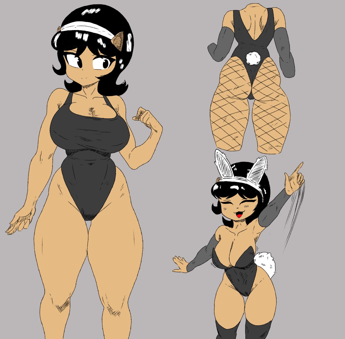 accessory, anthro, armpits, armwear, big breasts, black hair, breasts, bunny costume, cleavage, clothed, clothing, costume, domestic cat, elbow gloves, fake ears, fake rabbit ears, felid, feline, felis, female, fishnet, gloves, hair, hair accessory, hairband, handwear, kitty katswell, ladaitecito, legwear, leotard, mammal, muscular, muscular female, nickelodeon, portrait, pose, rear view, scut tail, short tail, small waist, smile, solo, standing, t.u.f.f. puppy, tail, thick thighs, thigh gap, thigh highs, three-quarter portrait