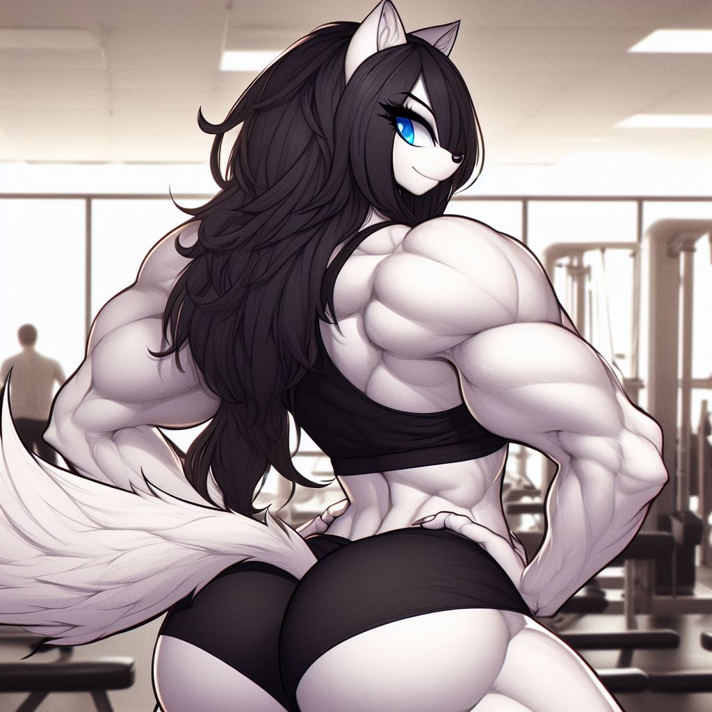 ai_generated anthro back back_view black_hair blue_eyes fluffy fluffy_tail gym gym_shirt gym_shorts inner_ear_fluff long_hair luni_the_wolf muscle_girl muscular_female tail weights white_background white_body white_fur wolf_ears wolf_girl wolf_tail