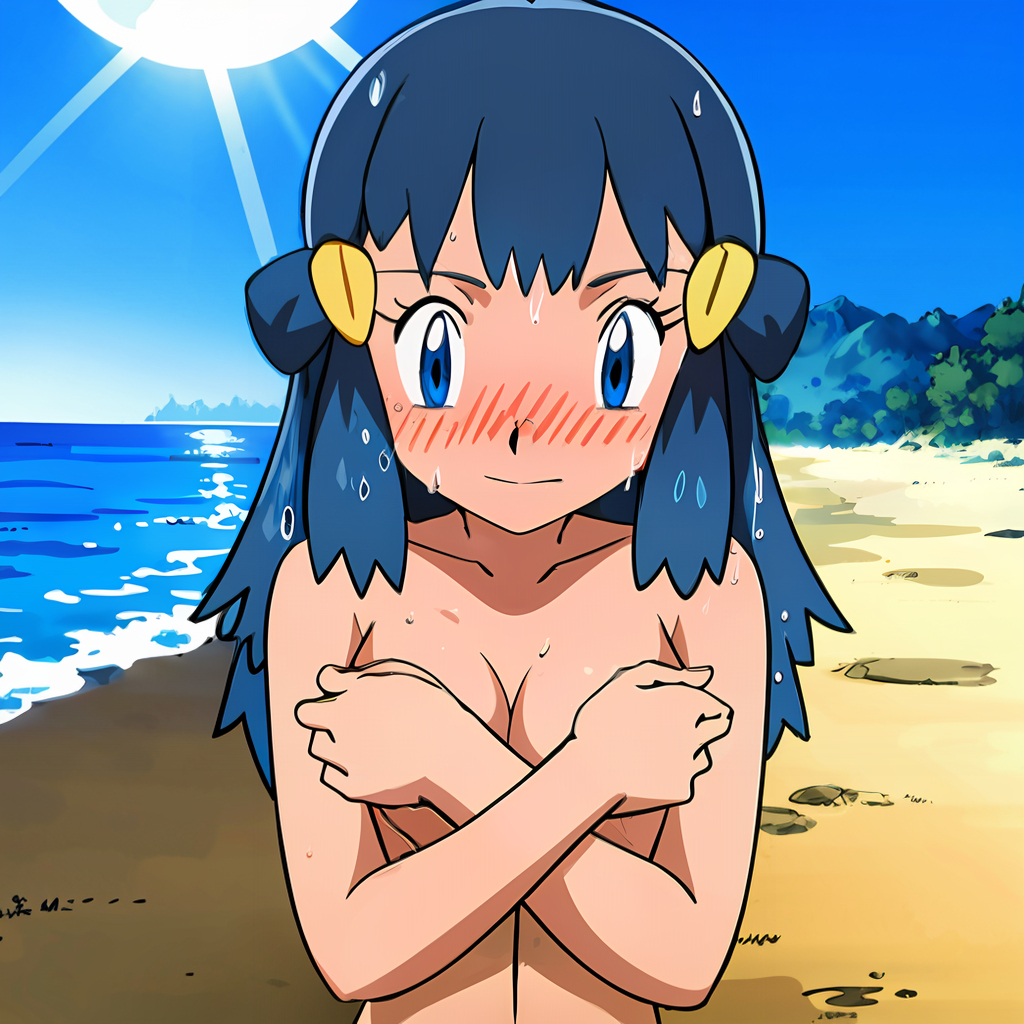 ai_generated blue_eyes blue_hair breasts covered_nipples dawn_(pokemon) exhibitionism hair_clips hentai_world pokemon sea seaside topless