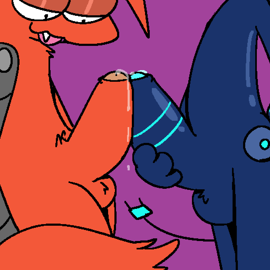 anthro biped blue_body blue_fur bodily_fluids canid canine domestic_cat duo erection felid feline felis fox fur genital_fluids genitals male mammal orange_body orange_fur penis precum purple_background side_view silly_imp simple_background