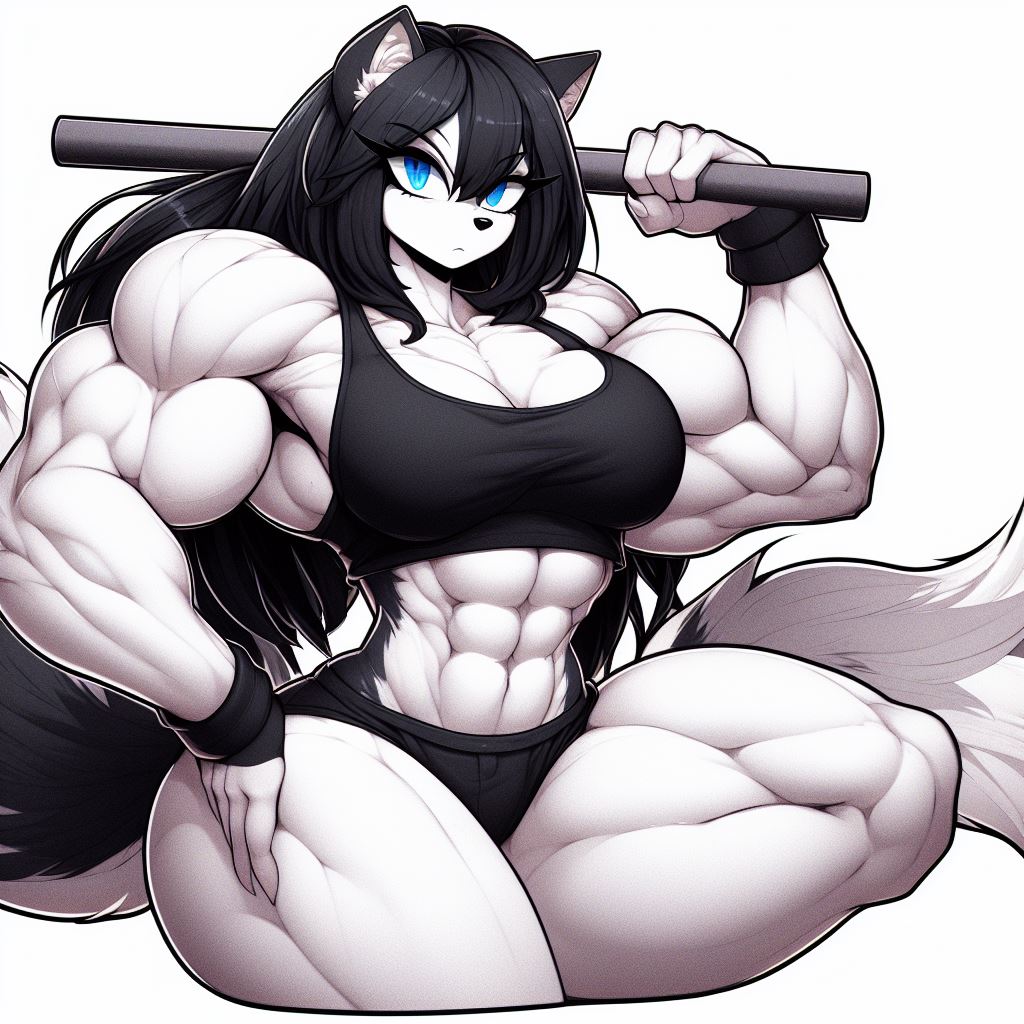 abs ai_generated anthro black_hair blue_eyes fluffy fluffy_tail furry holding holding_object inner_ear_fluff long_hair luni_the_wolf metal_pipe muscle_girl muscular_female pipes tail white_background white_body white_fur wolf_ears wolf_girl wolf_tail