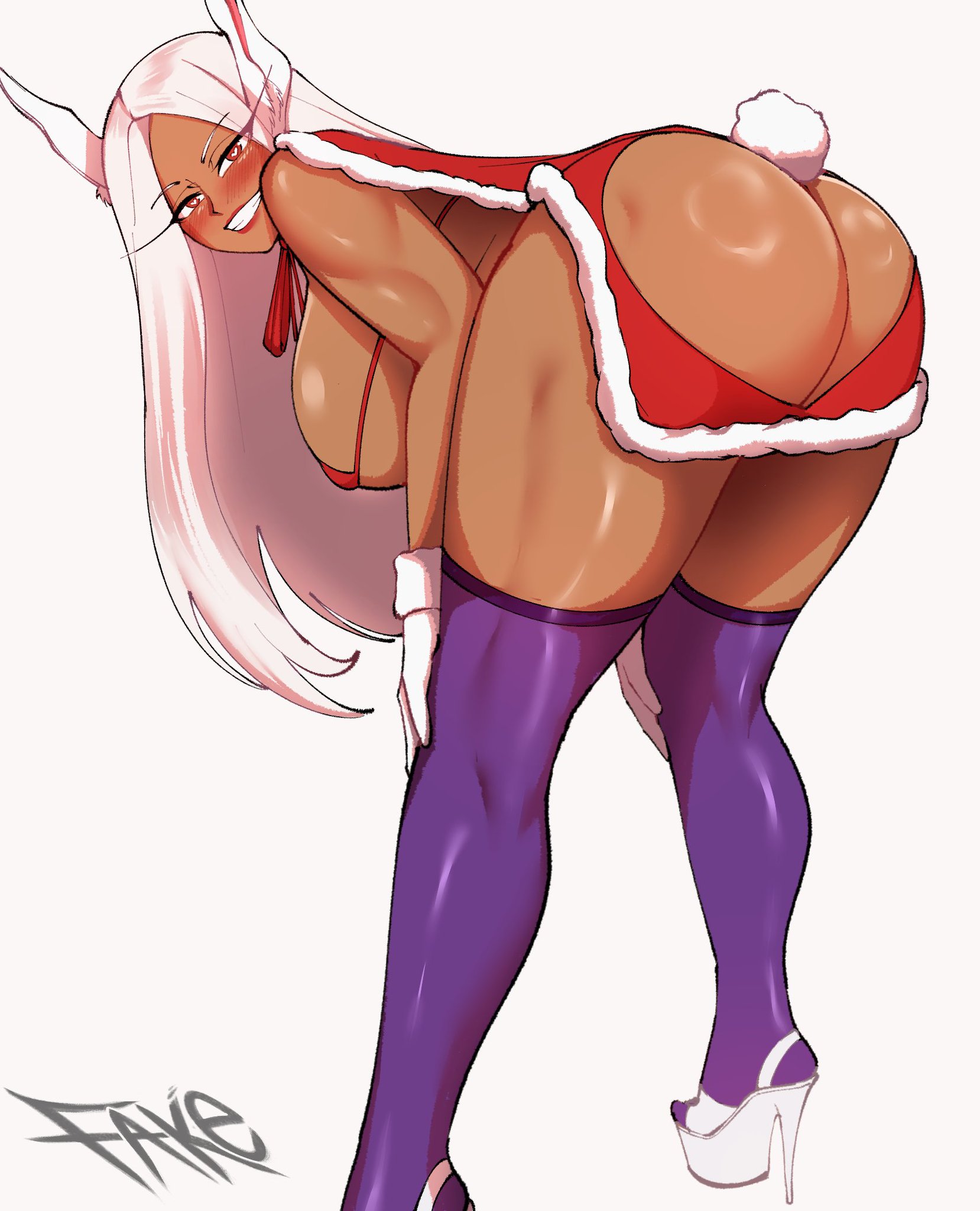 1girls, ass, bending over, breasts, christmas, commission, dark skin, dark-skinned female, fake (artist), female, huge ass, huge breasts, long hair, miruko, my hero academia, rabbit ears, red eyes, rumi usagiyama, white hair