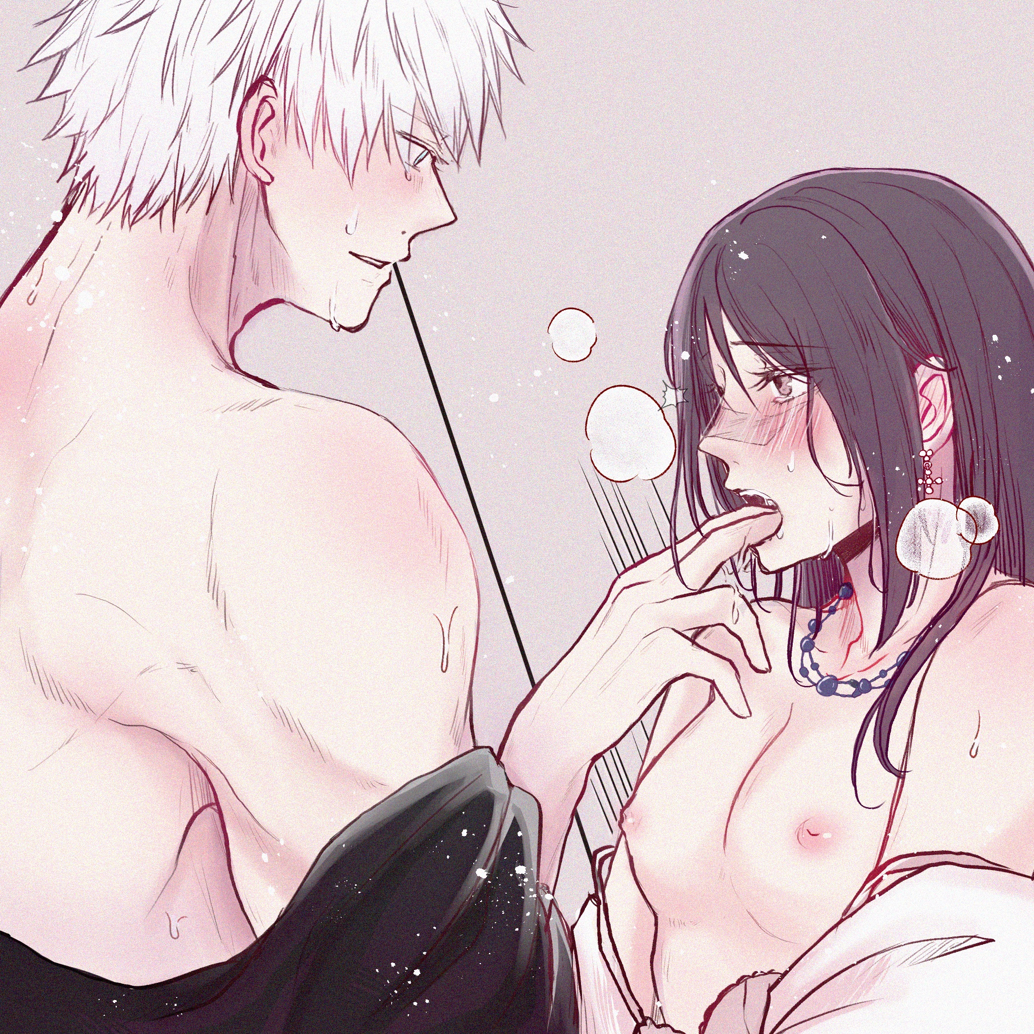 1boy, 1girls, blush, breasts, female, finger in mouth, fingers, fingers in mouth, jujutsu kaisen, male, male/female, nipples, satoru gojo, sensual, small breasts, straight, sweat, topless female, topless male, utahime iori, white hair